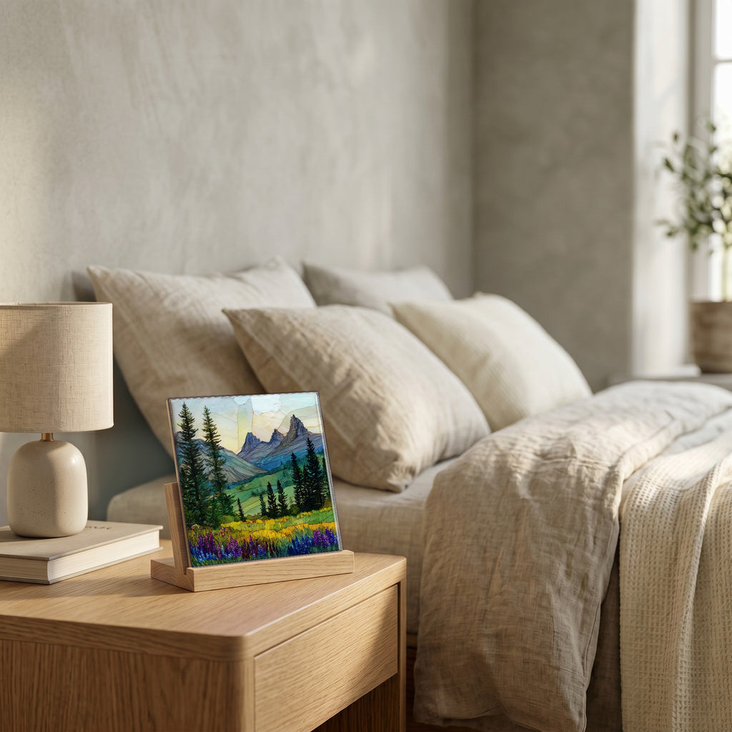 On the nightstand, catching the morning.