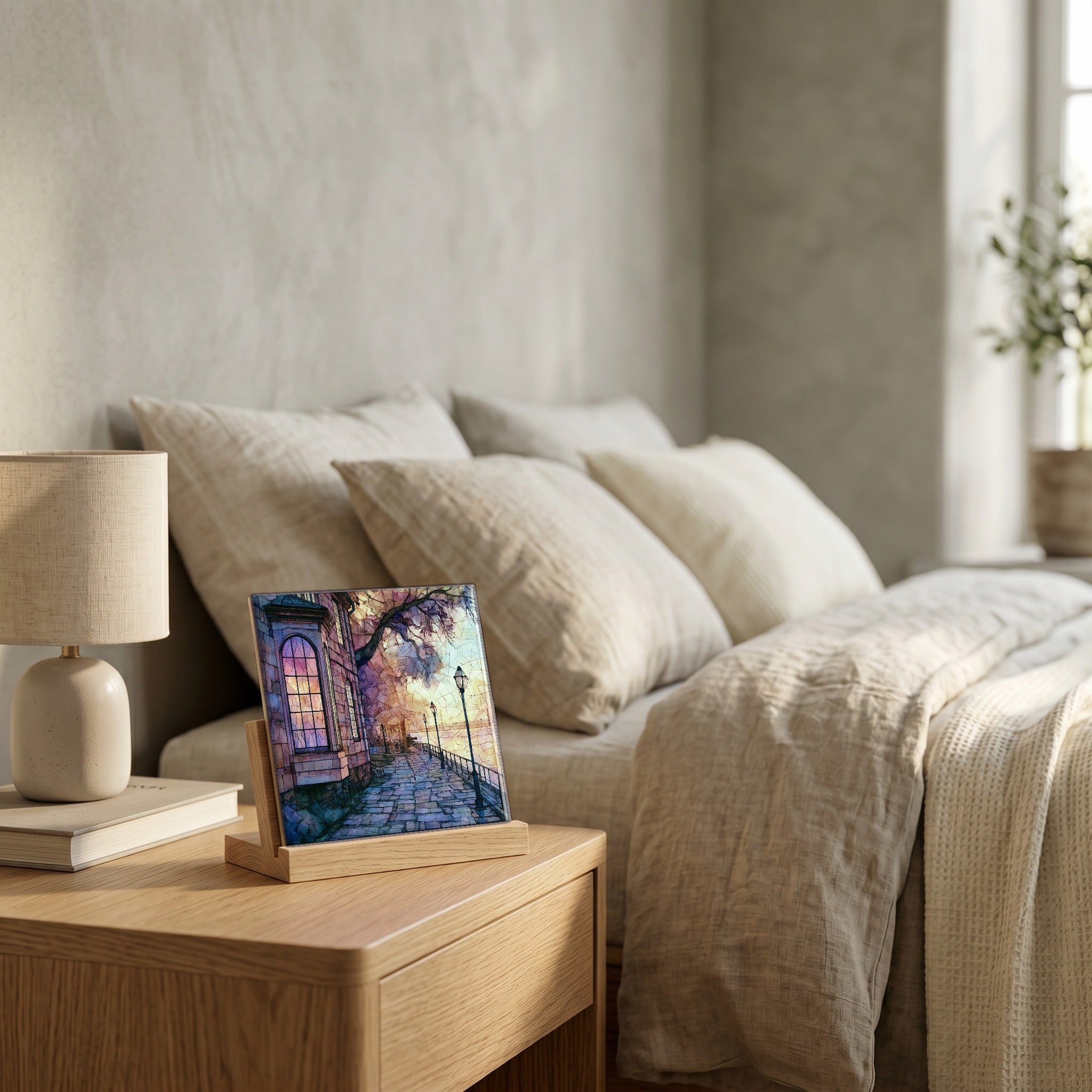 On the nightstand, catching the morning.