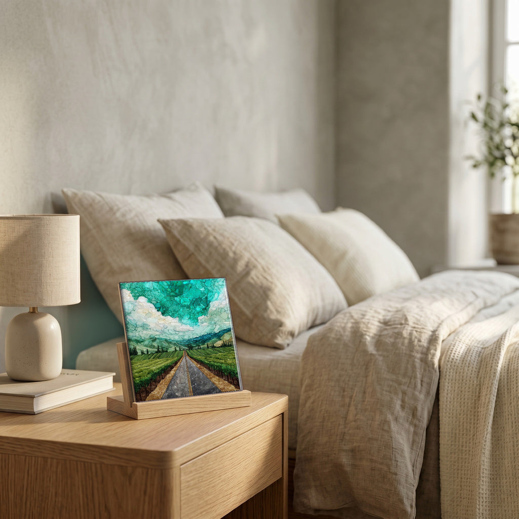 On the nightstand, catching the morning.