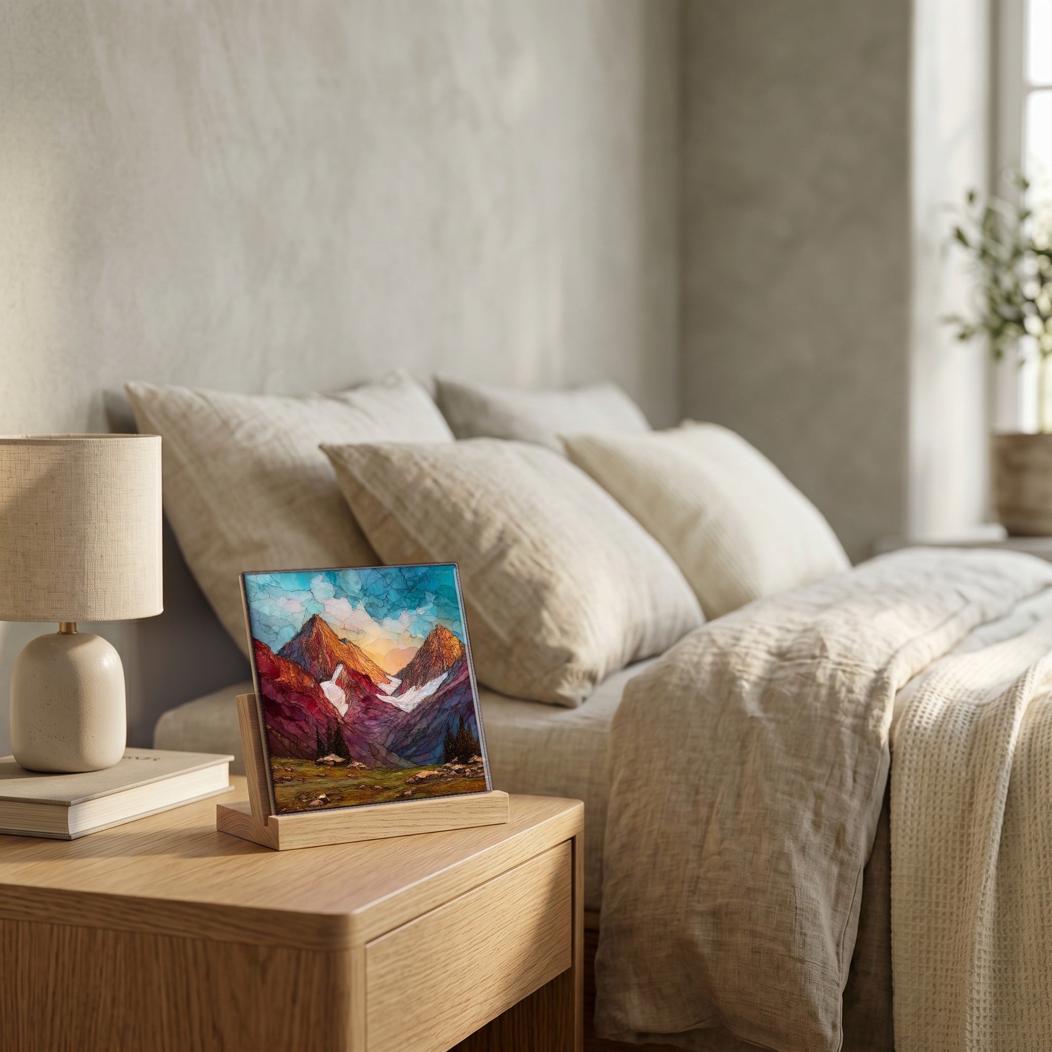 On the nightstand, catching the morning.