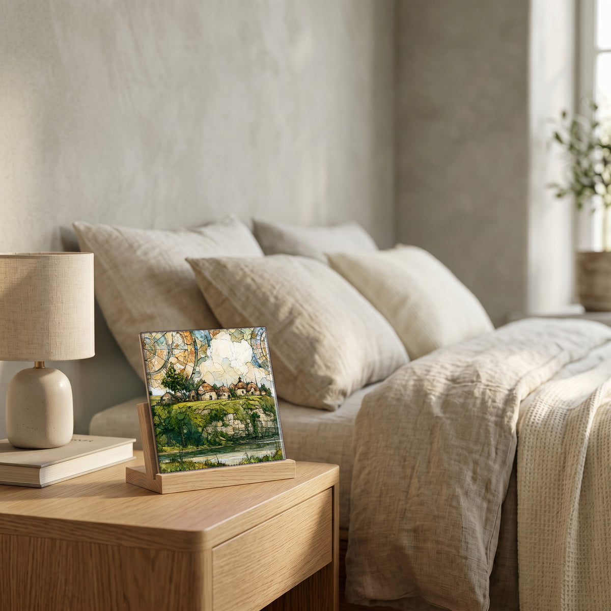 On the nightstand, catching the morning.