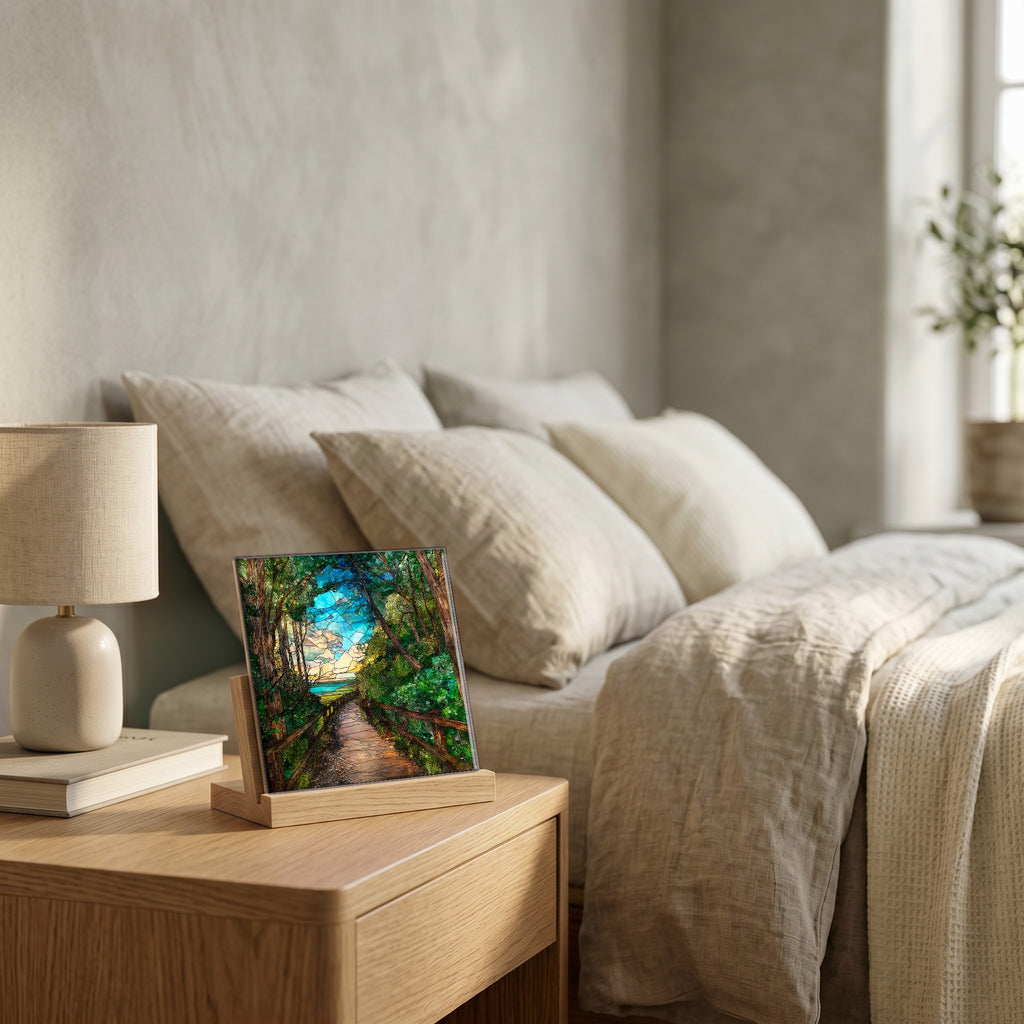 On the nightstand, catching the morning.