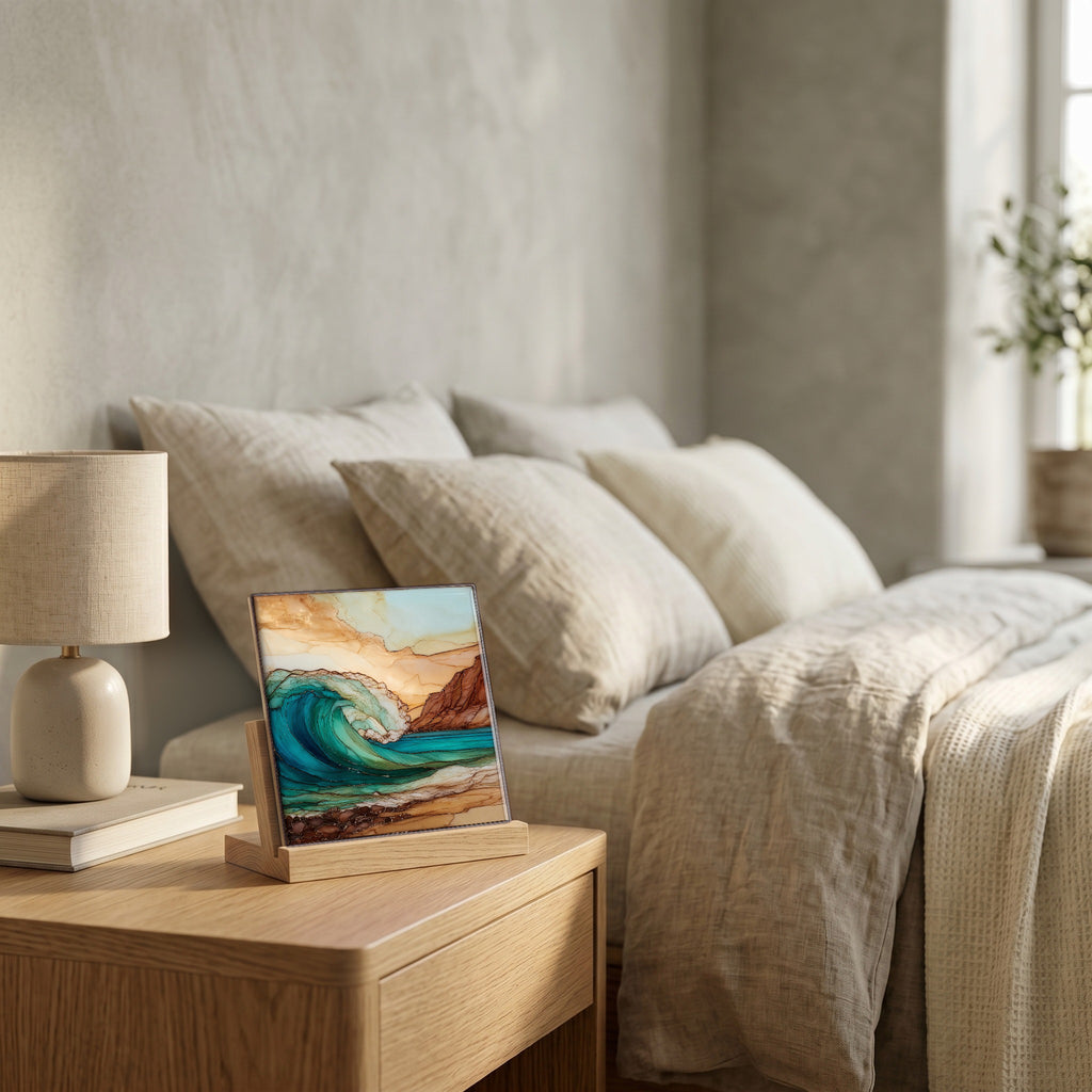 On the nightstand, on a light oak stand.