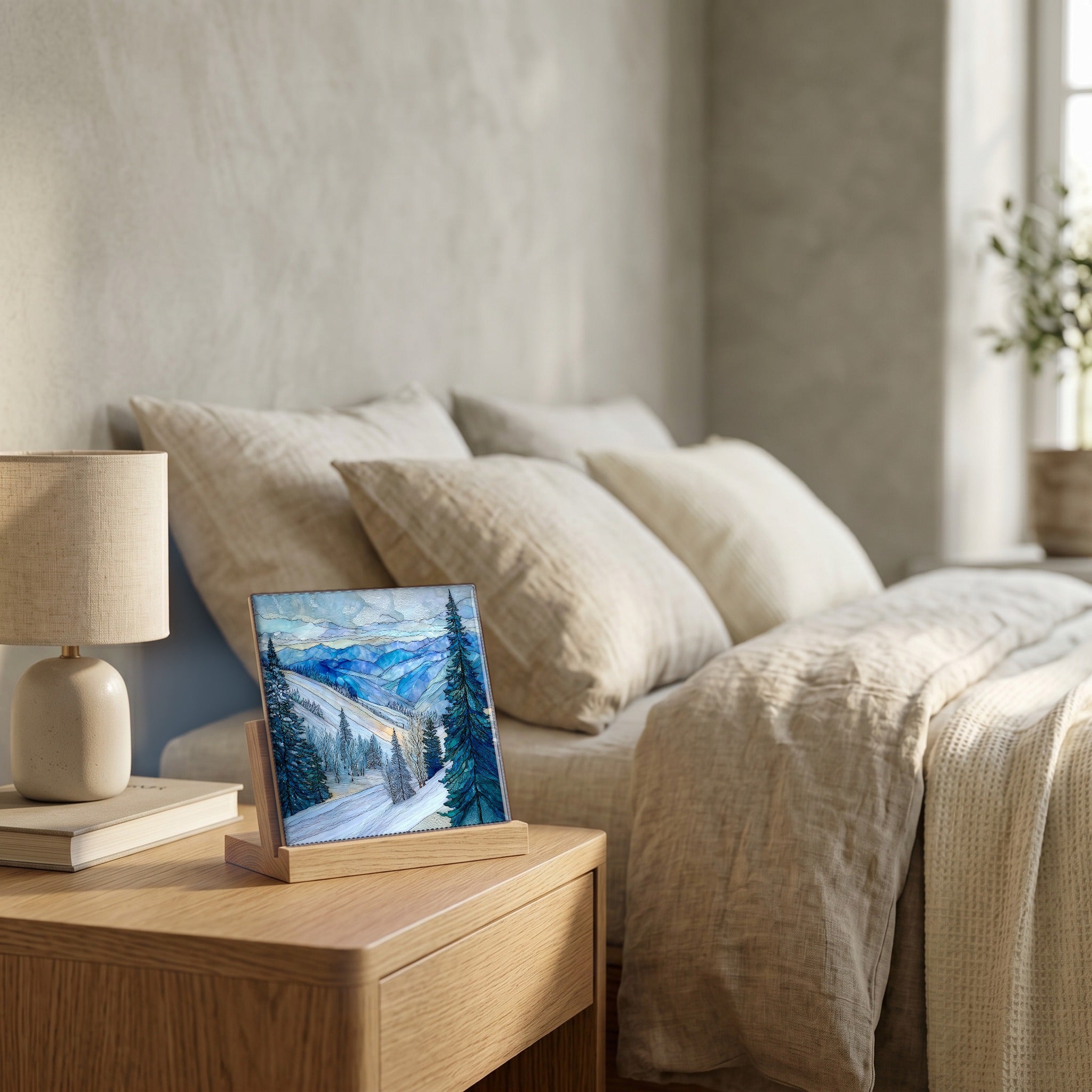 On the nightstand, catching the morning.