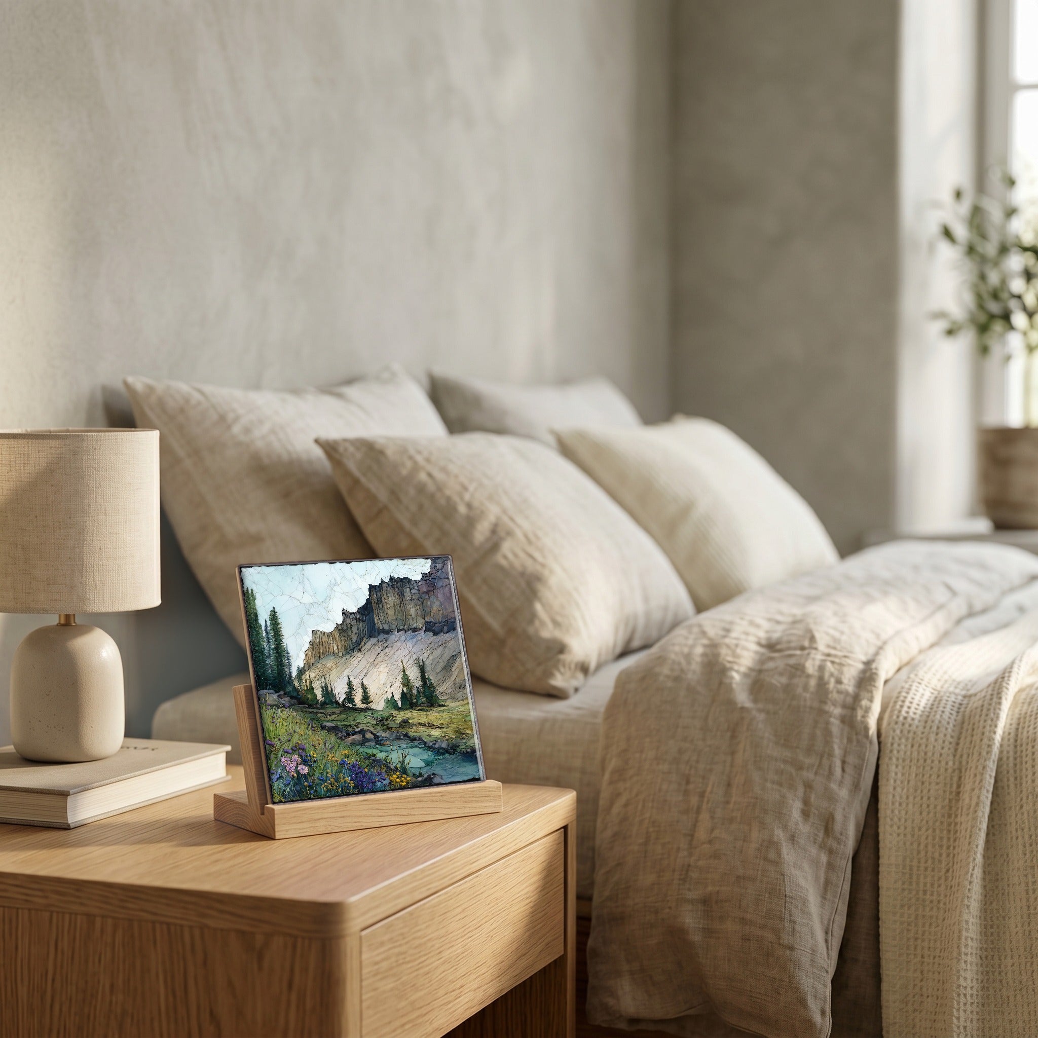 On the nightstand, catching the morning.