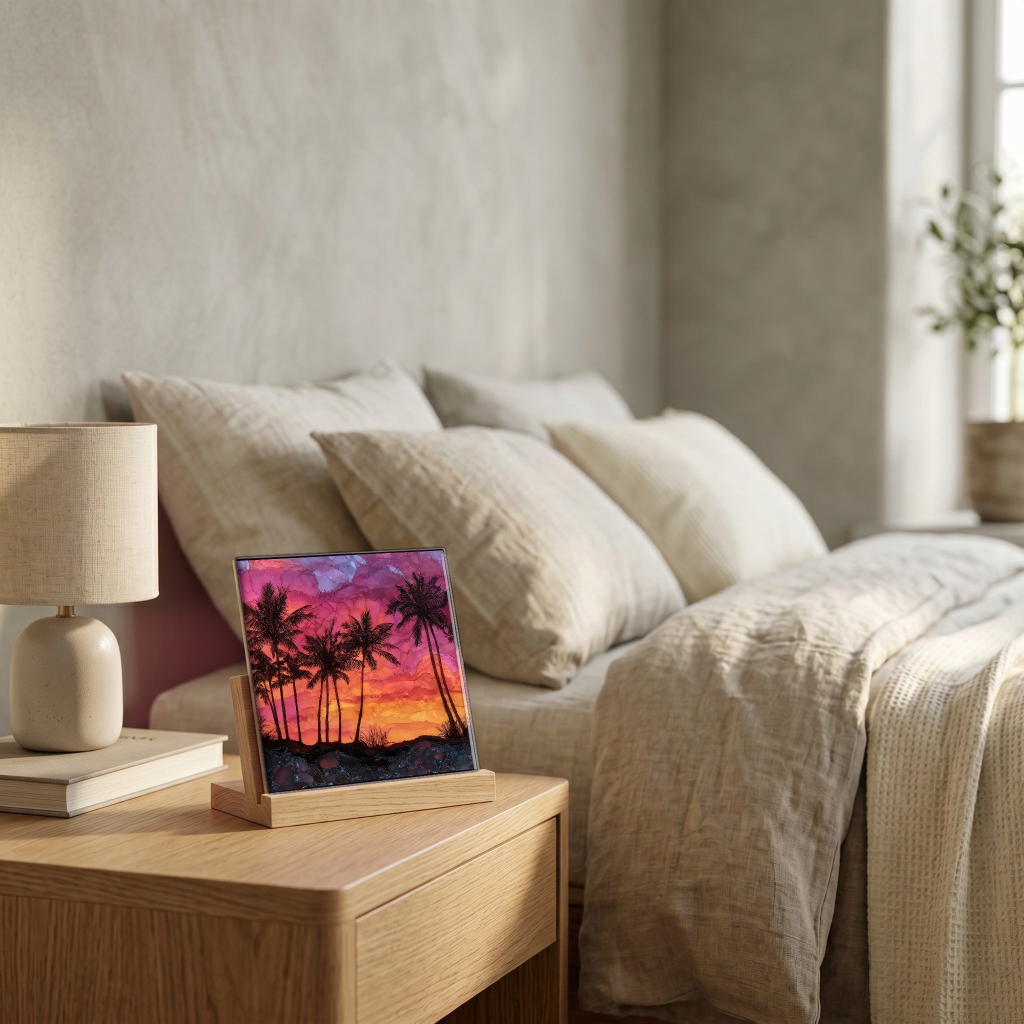 On the nightstand, catching the morning.