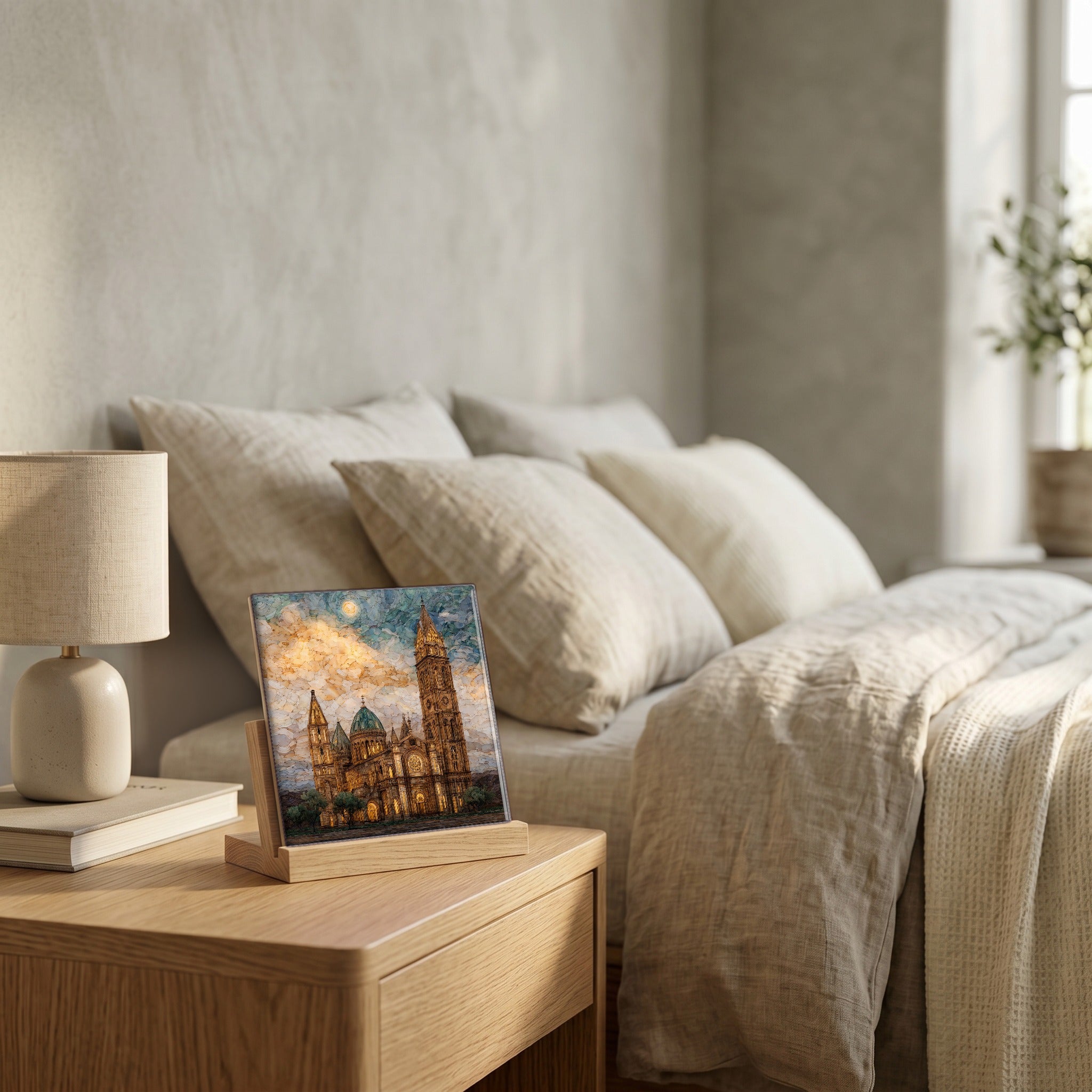 On the nightstand, on a light oak stand.