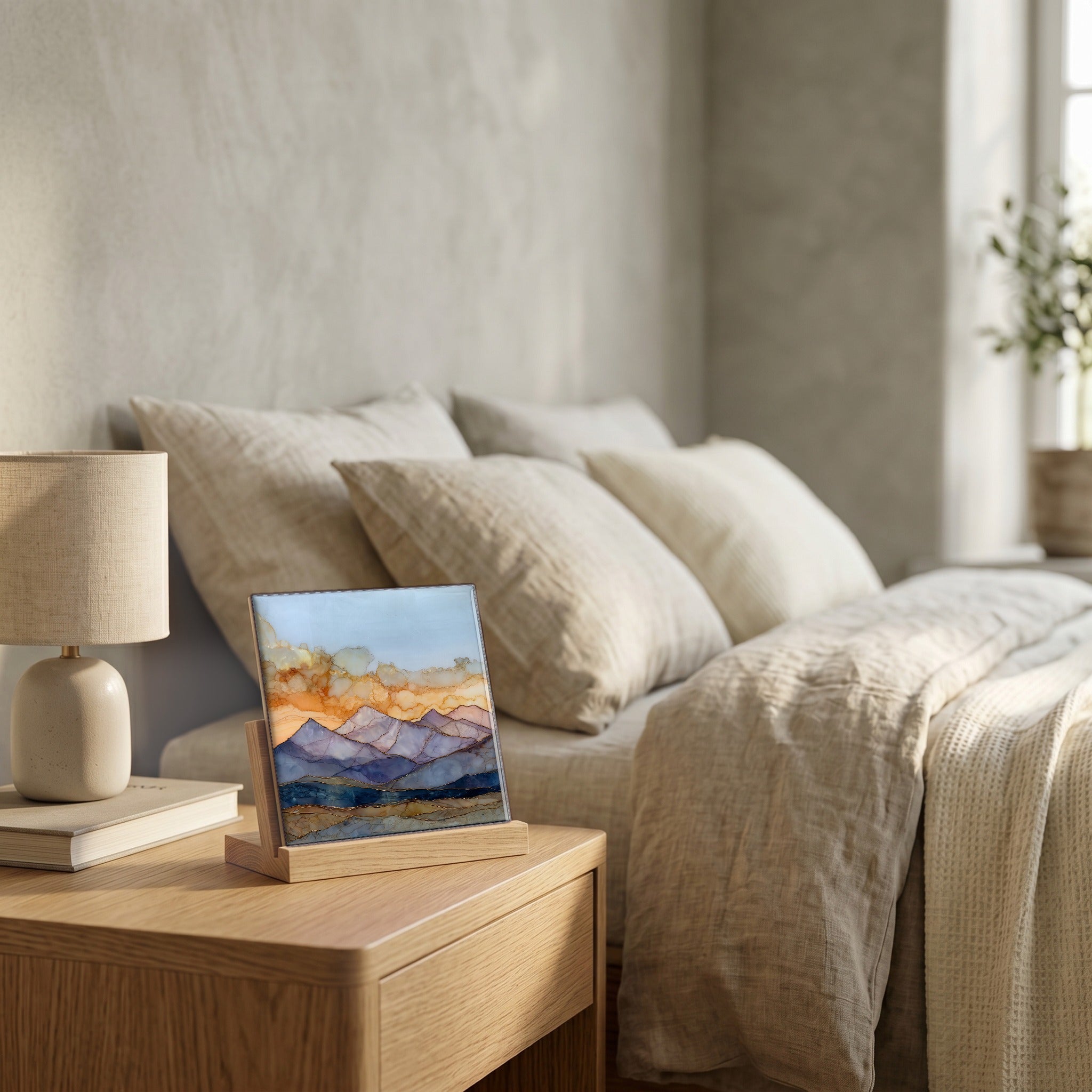 On the nightstand, on a light oak stand.
