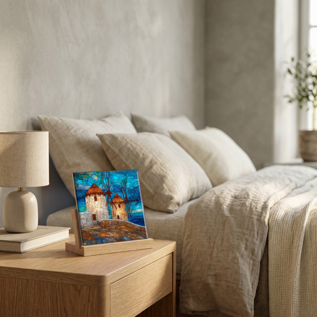 On the nightstand, catching the morning.