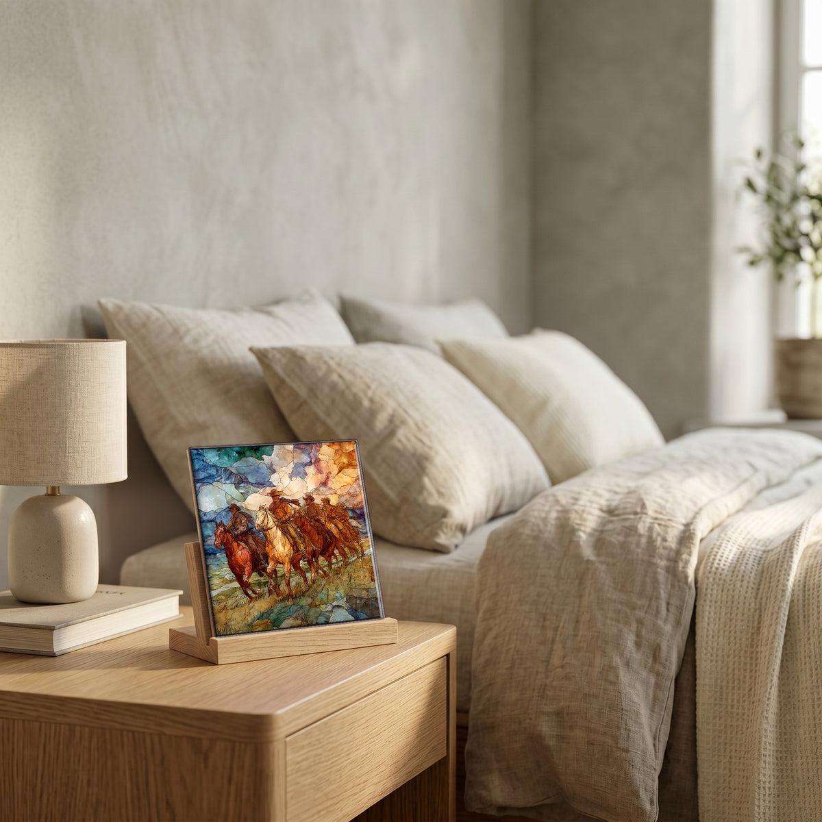 On the nightstand, catching the morning.
