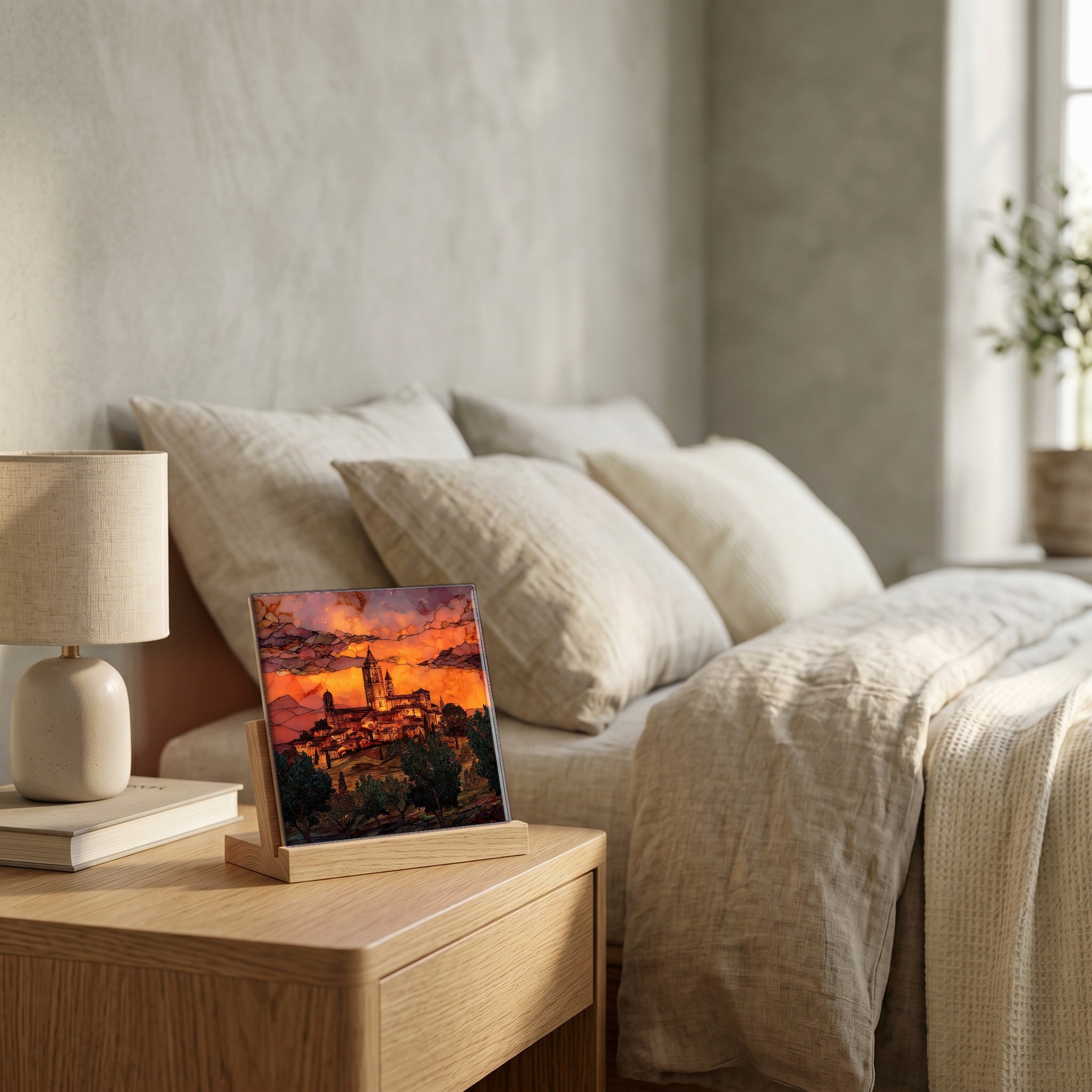 On the nightstand, on a light oak stand.