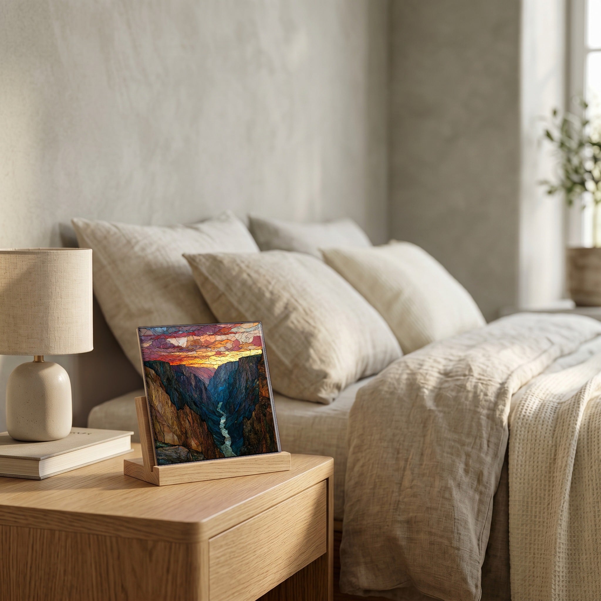 On the nightstand, on a light oak stand.