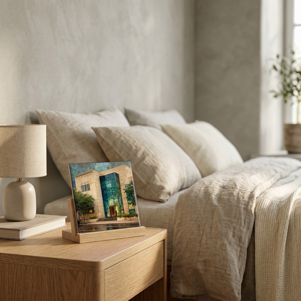 On the nightstand, catching the morning.