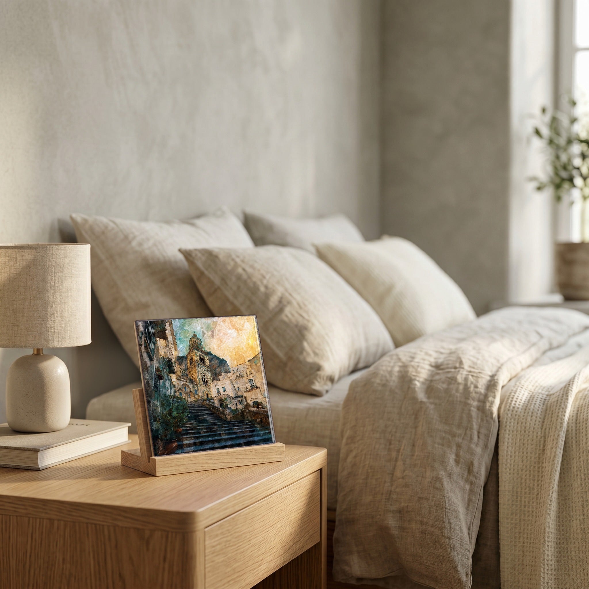 On the nightstand, on a light oak stand.