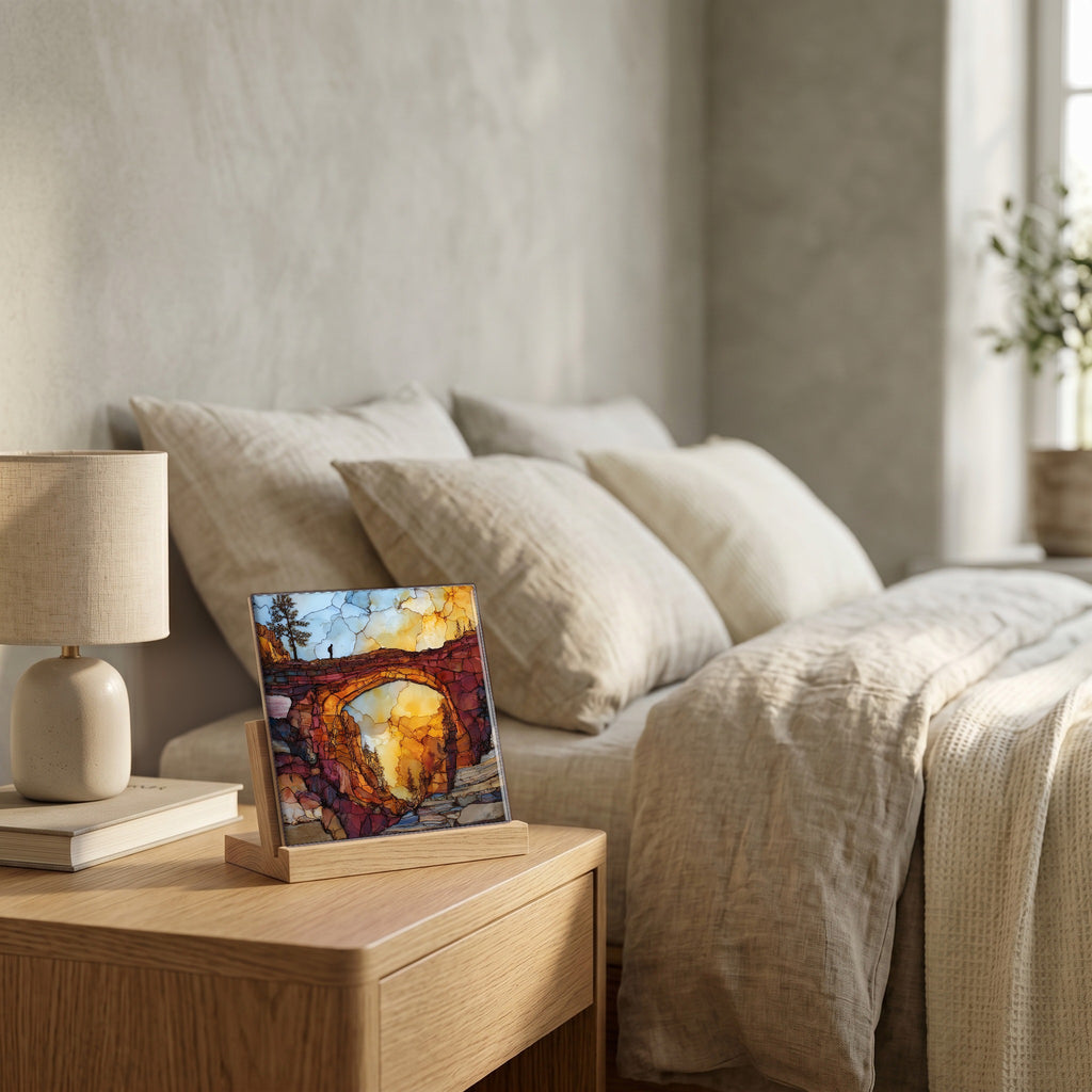 On the nightstand, catching the morning.
