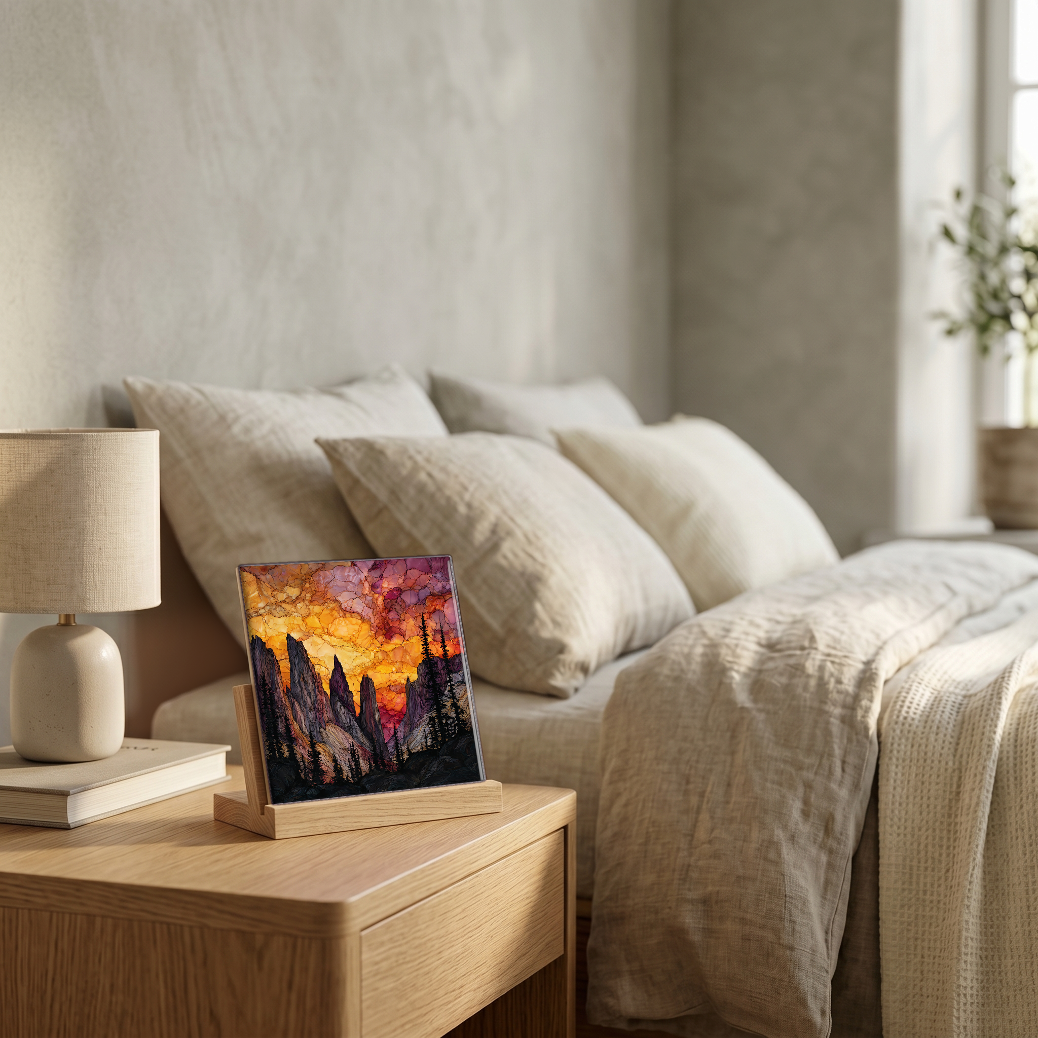 On the nightstand, on a light oak stand.