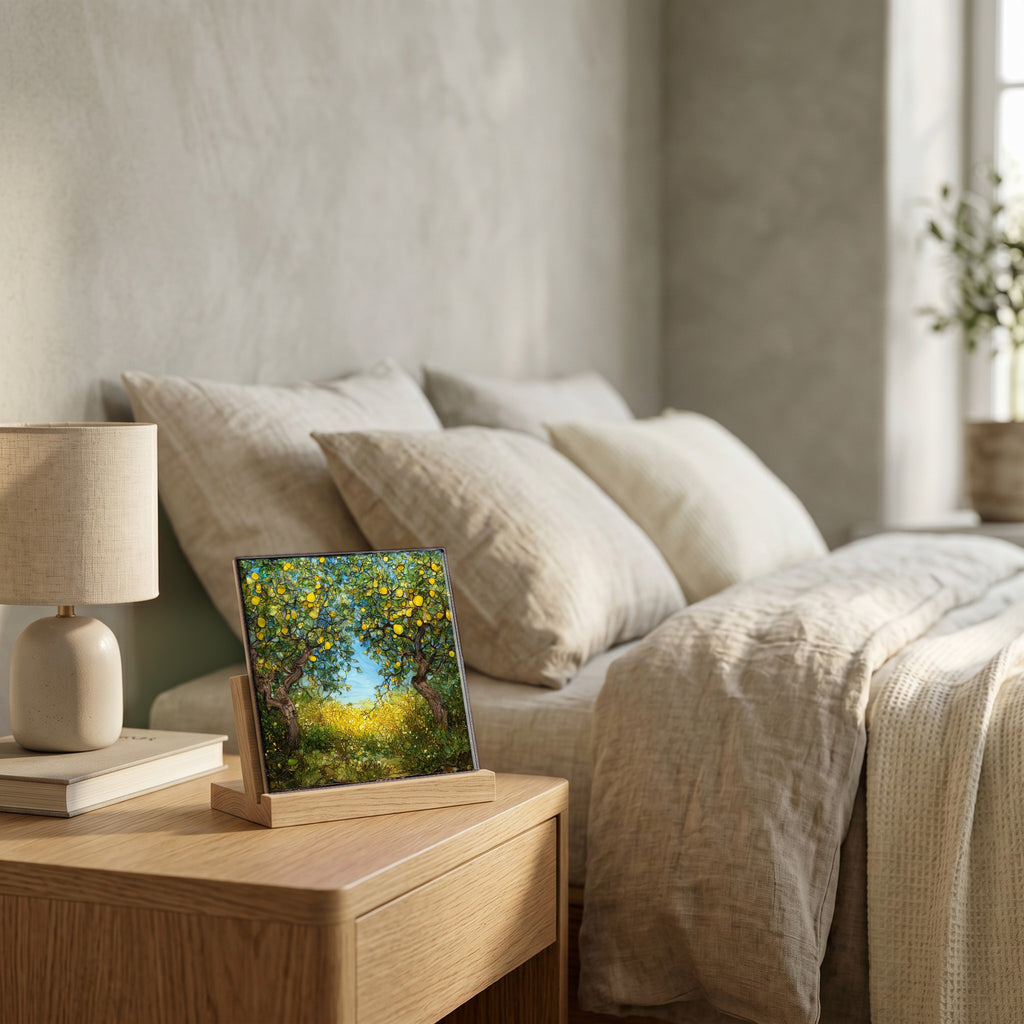 On the nightstand, on a light oak stand.