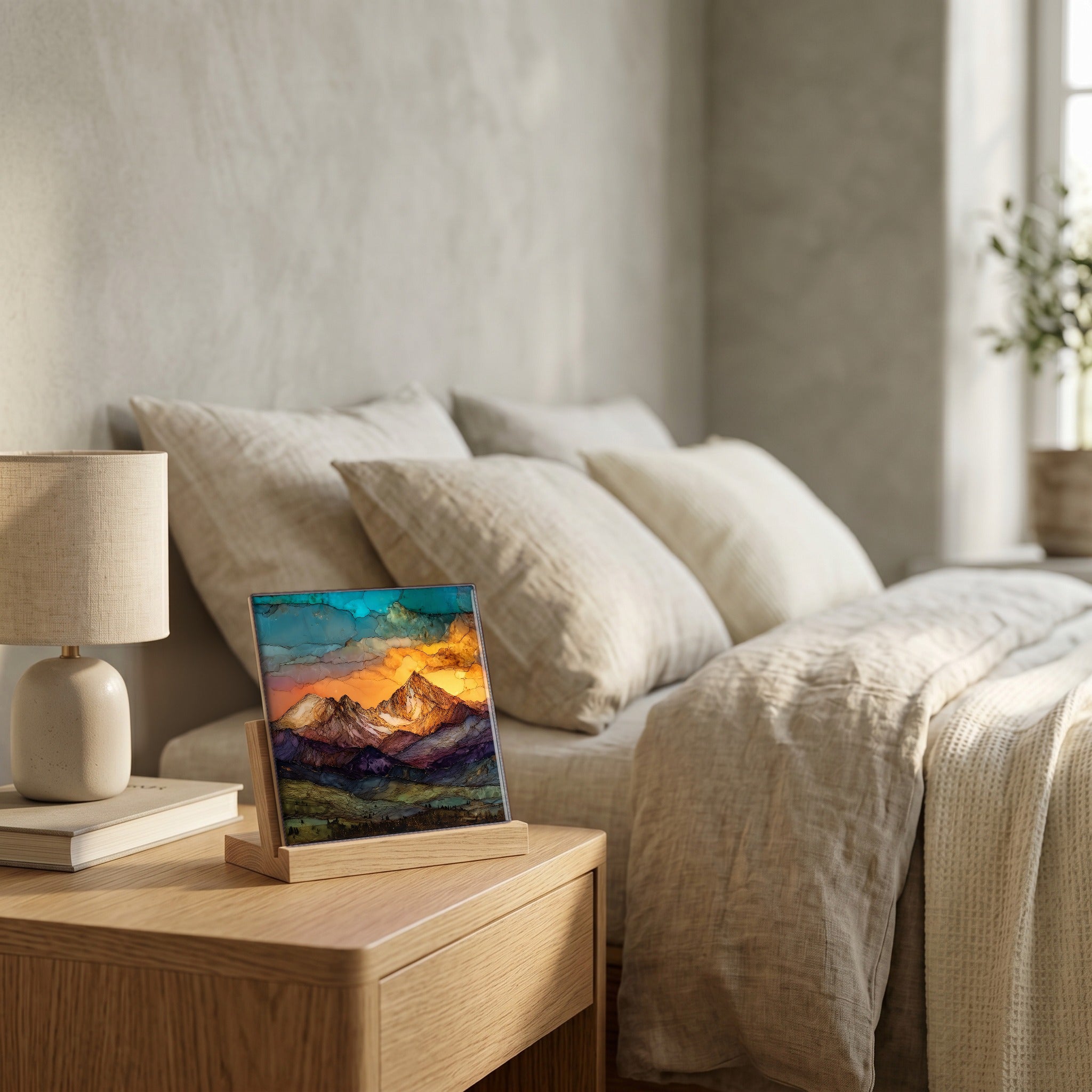 On the nightstand, catching the morning.