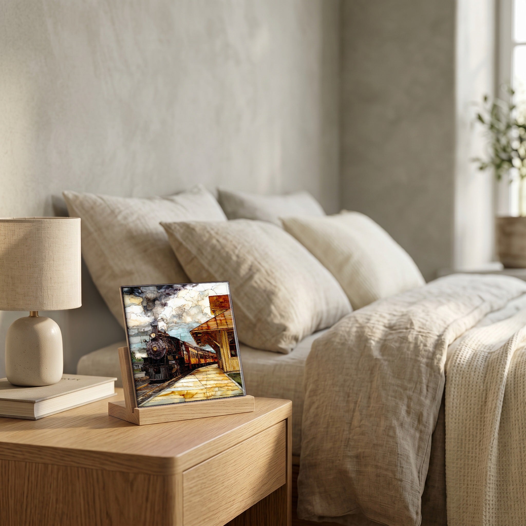 On the nightstand, catching the morning.