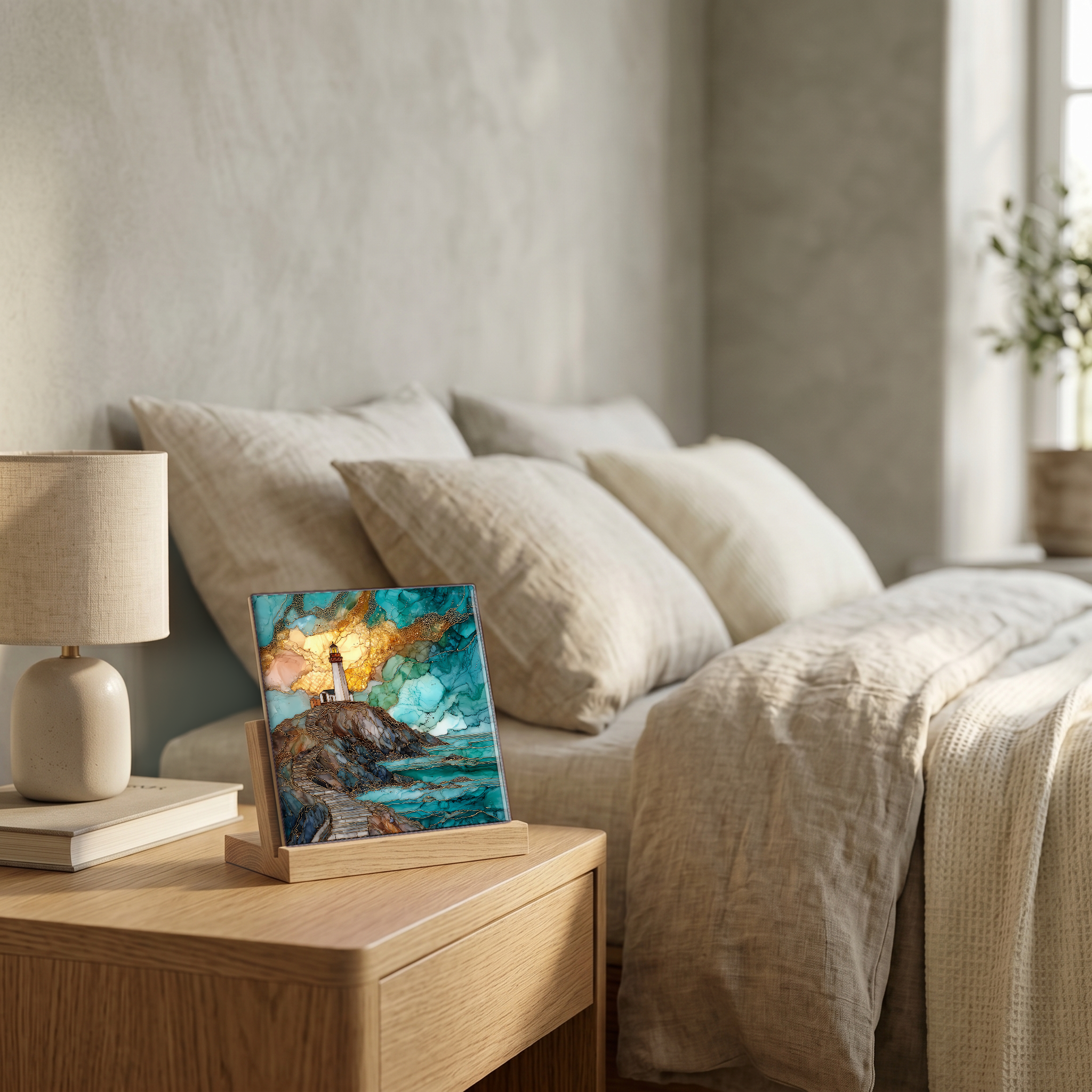 On the nightstand, on a light oak stand.