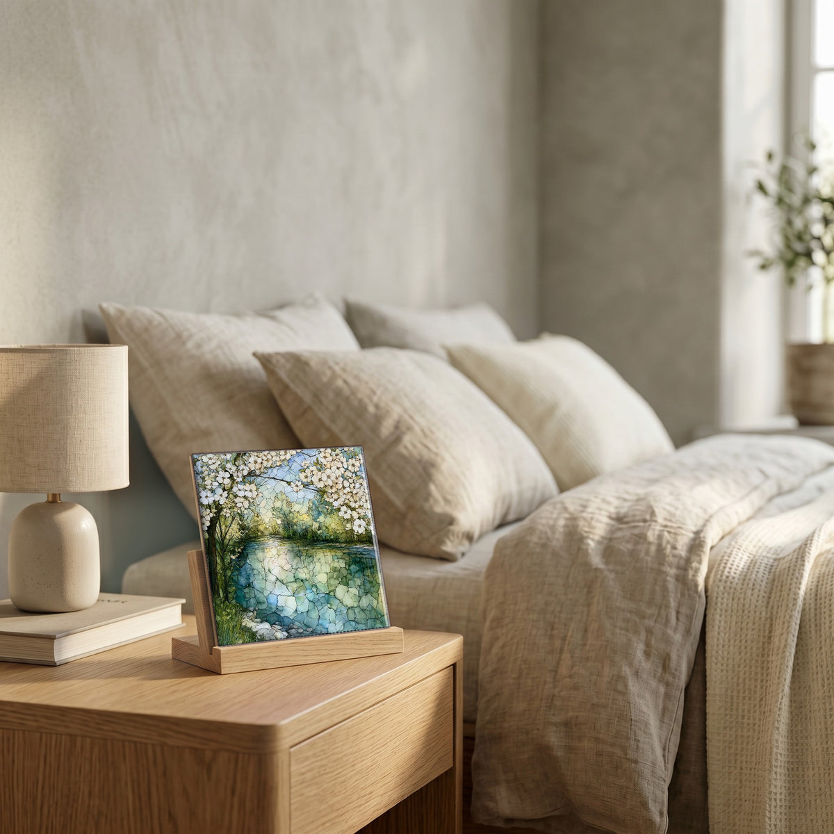 On the nightstand, catching the morning.