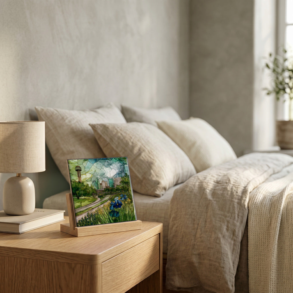 On the nightstand, catching the morning.