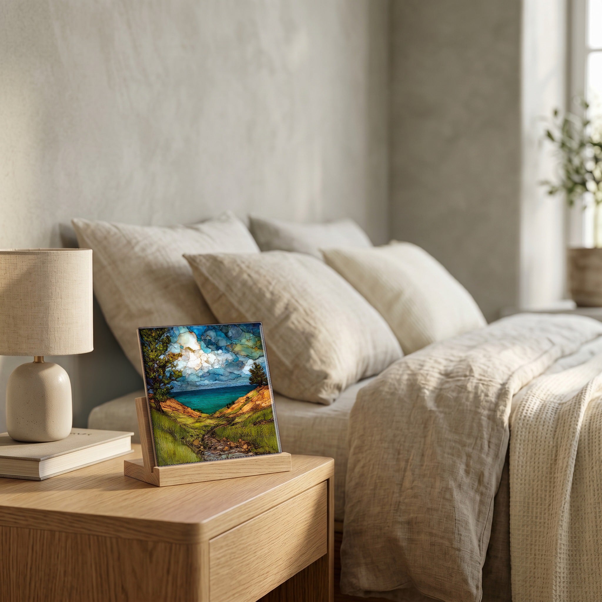 On the nightstand, catching the morning.