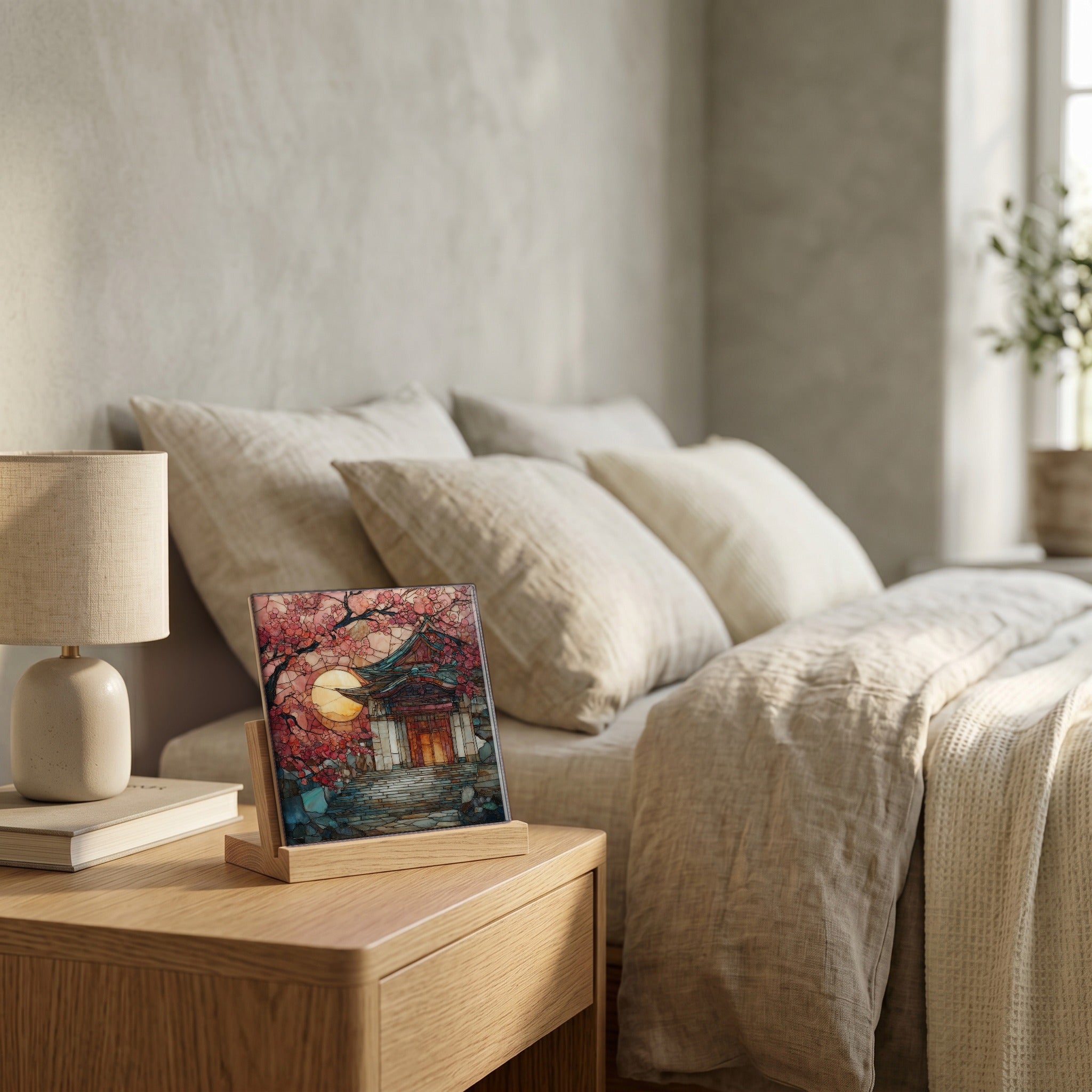 On the nightstand, catching the morning.