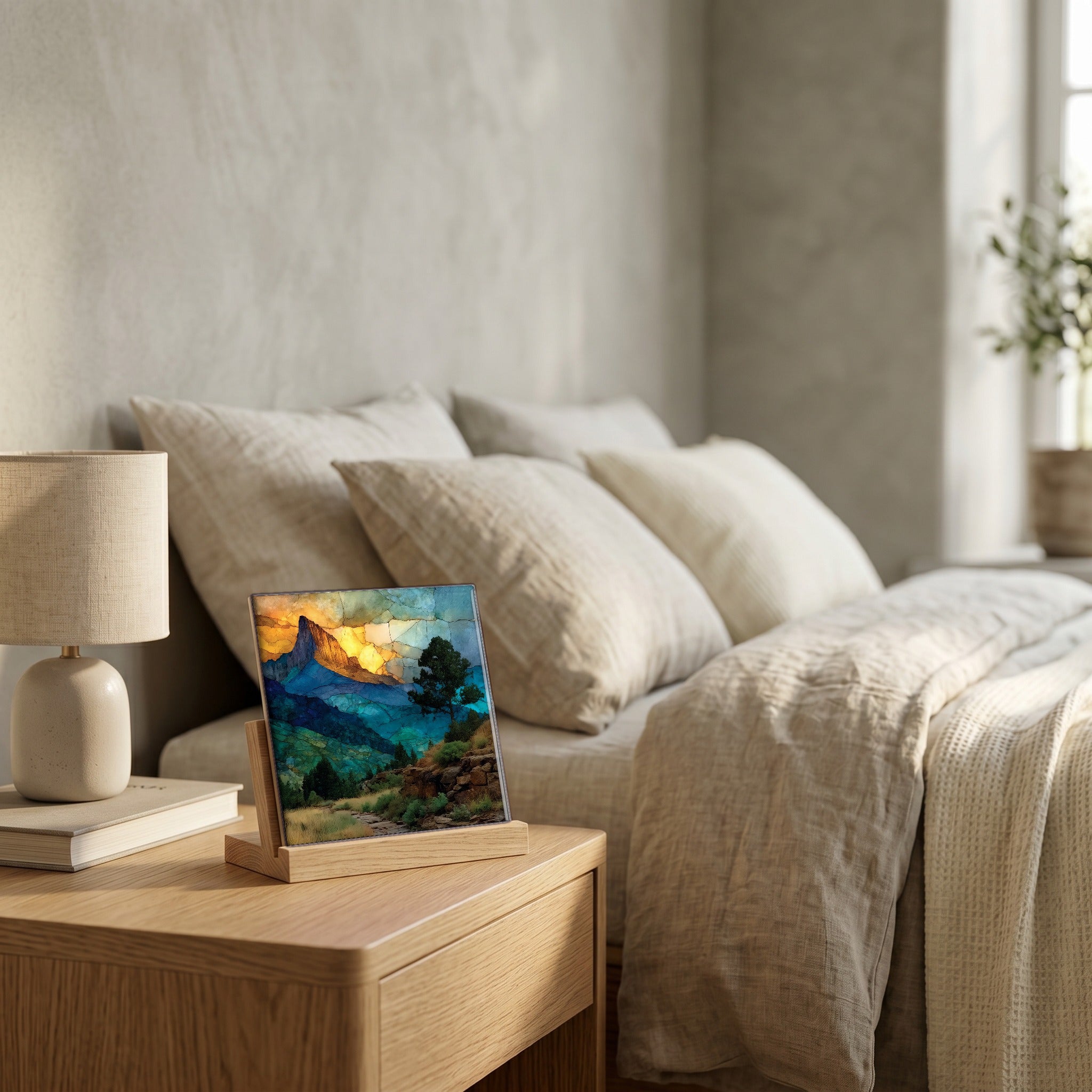 On the nightstand, catching the morning.