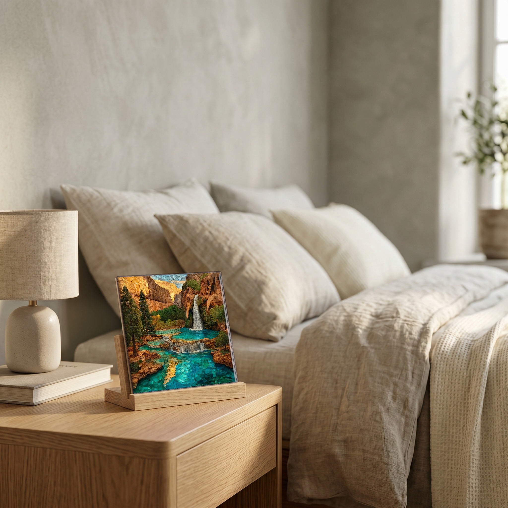 On the nightstand, catching the morning.