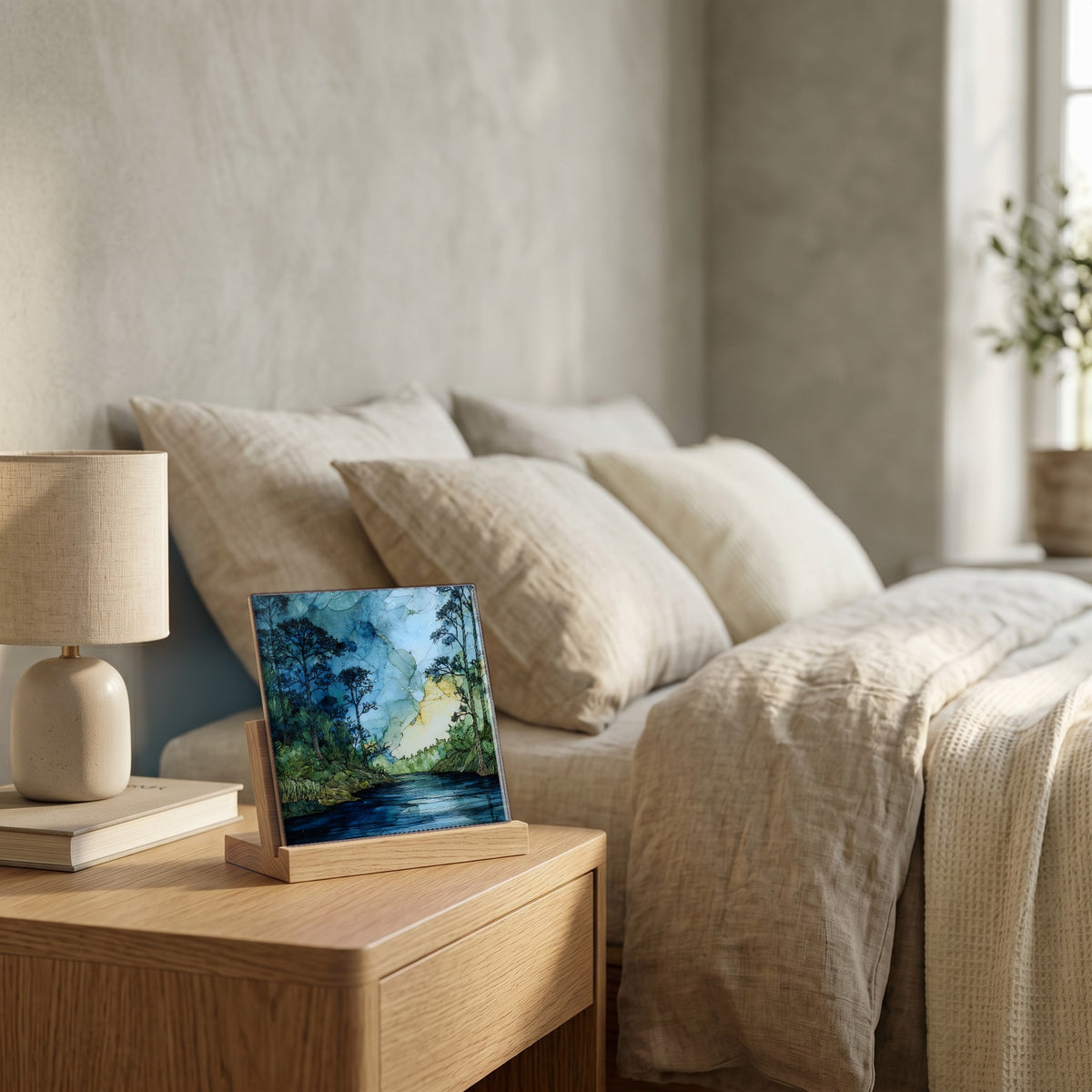 On the nightstand, catching the morning.