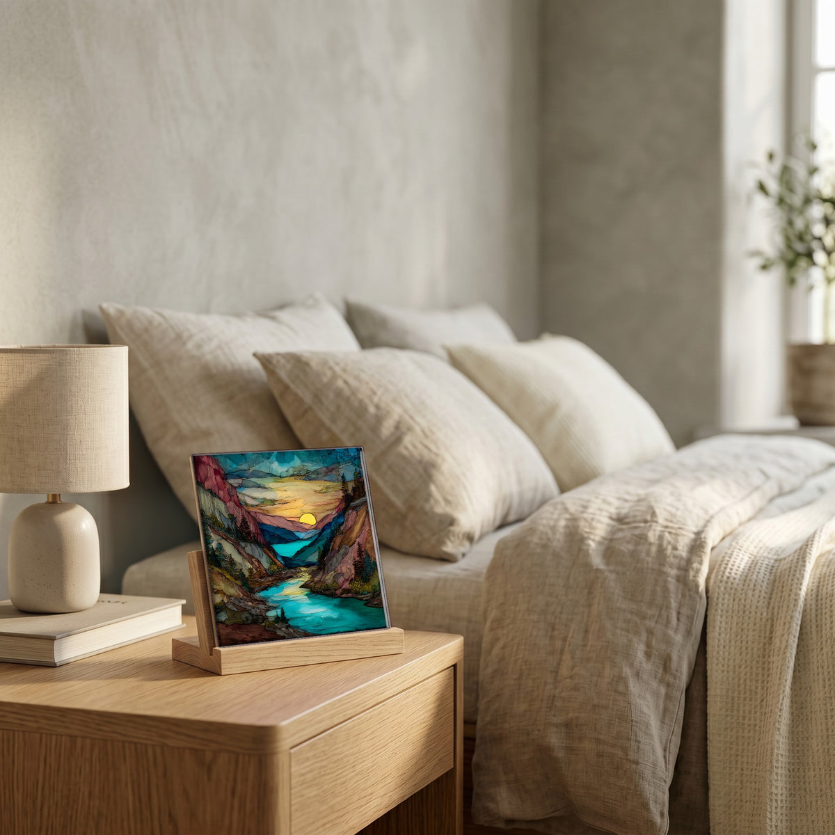 On the nightstand, catching the morning.