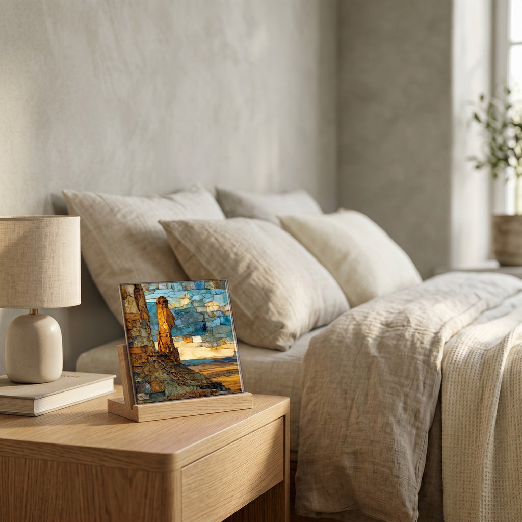 On the nightstand, catching the morning.