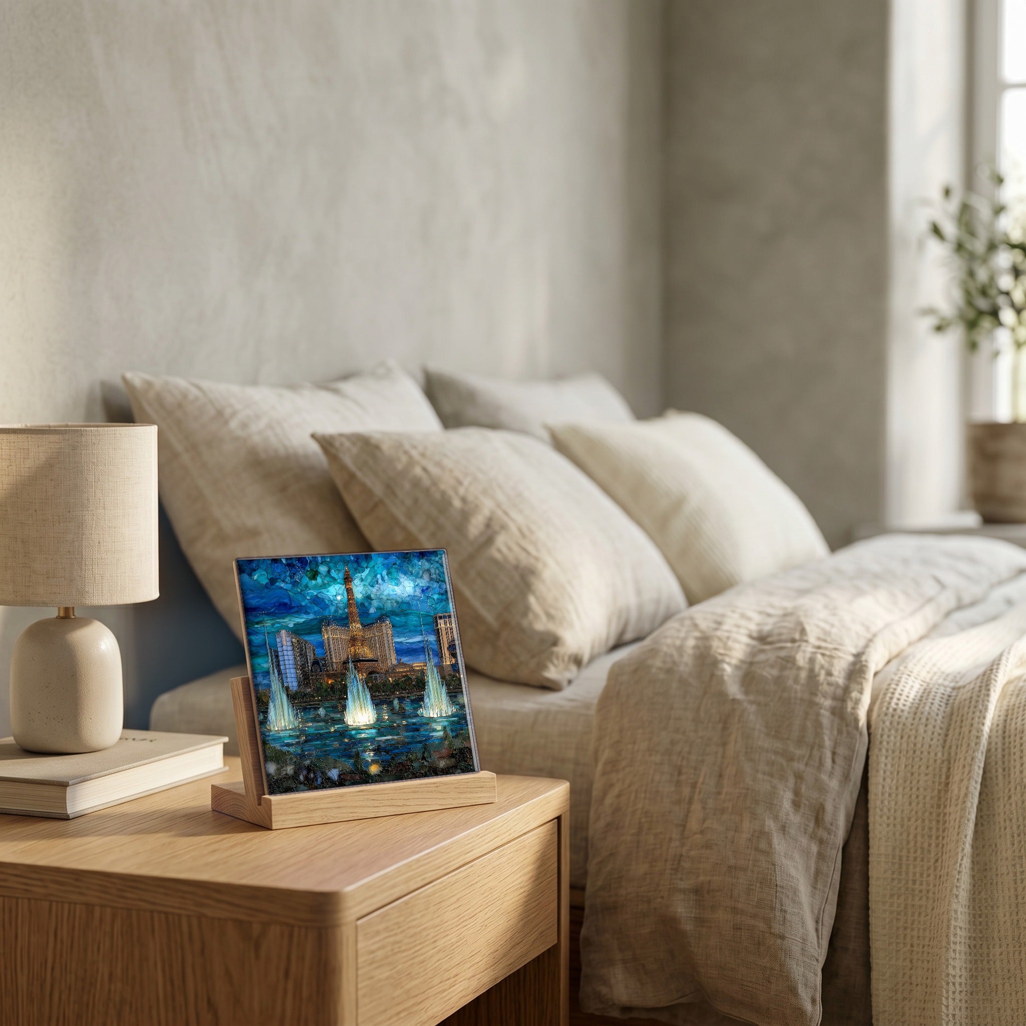 On the nightstand, catching the morning.
