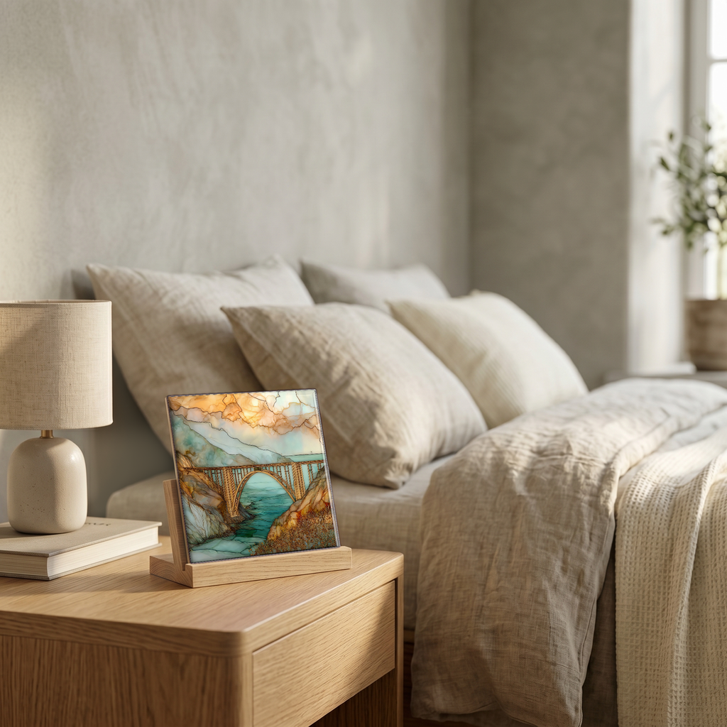 On the nightstand, on a light oak stand.