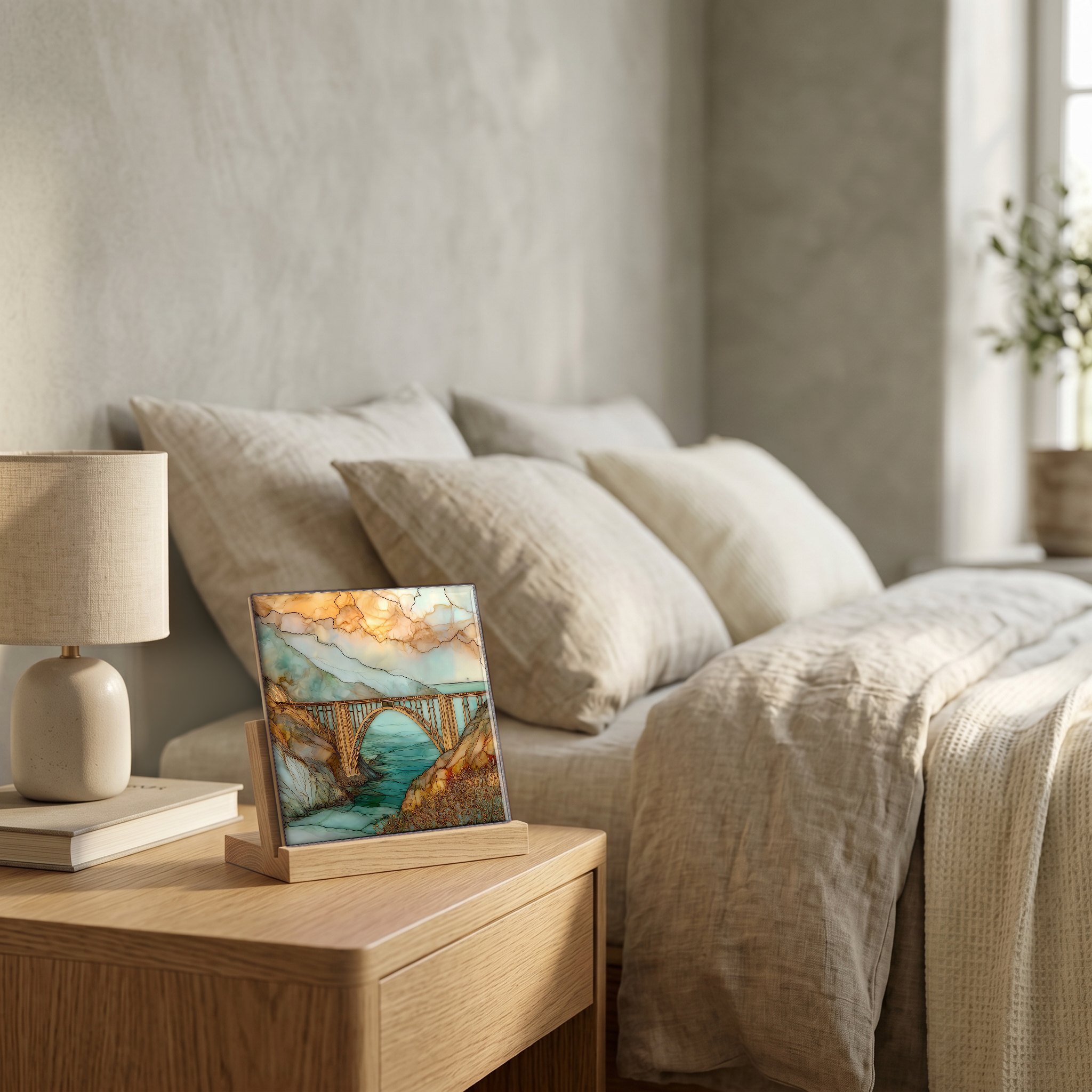 On the nightstand, on a light oak stand.