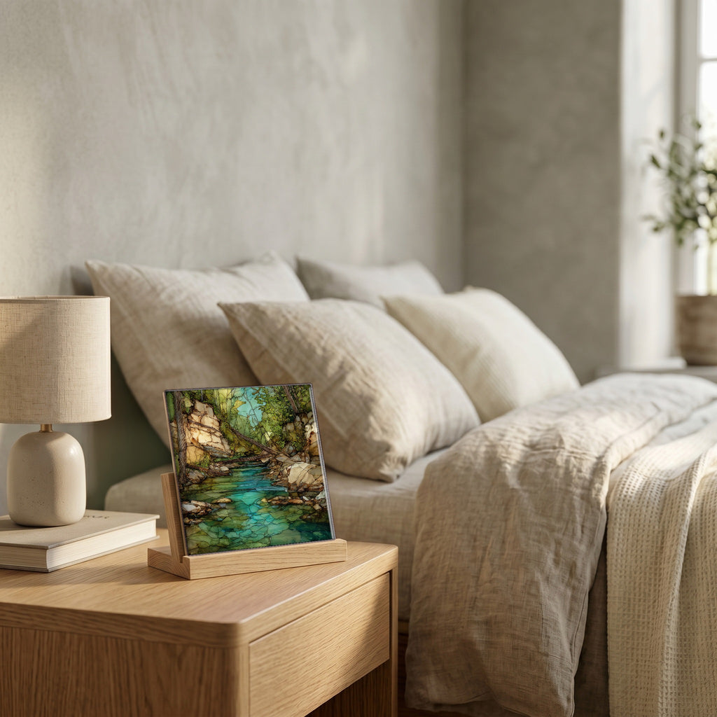 On the nightstand, catching the morning.