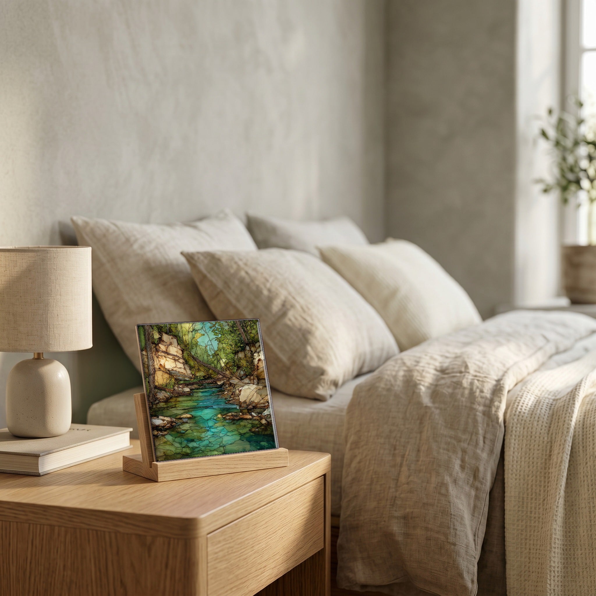 On the nightstand, catching the morning.