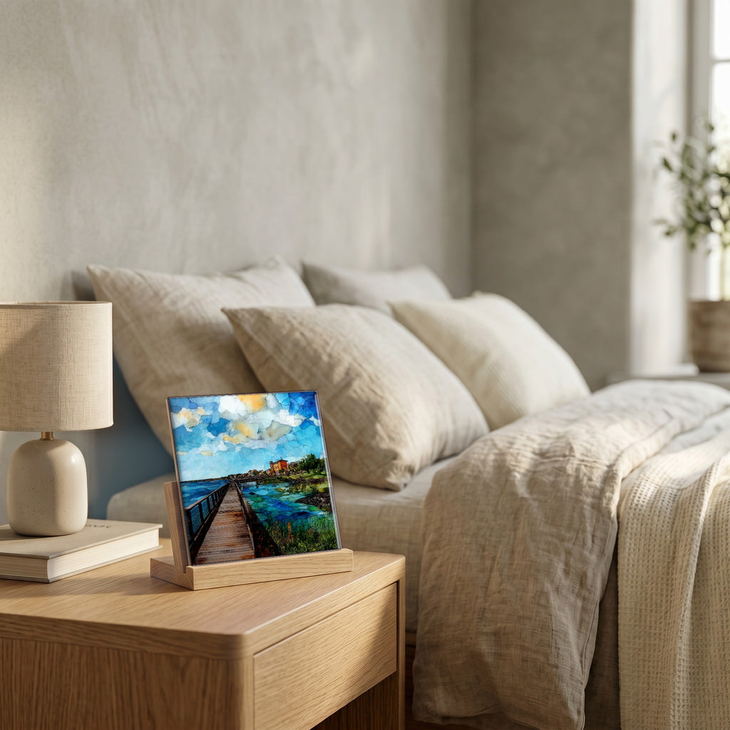 On the nightstand, catching the morning.