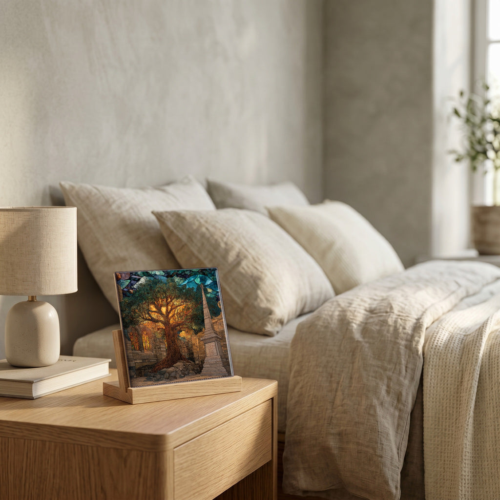 On the nightstand, catching the morning.