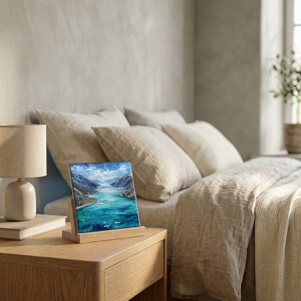 On the nightstand, catching the morning.