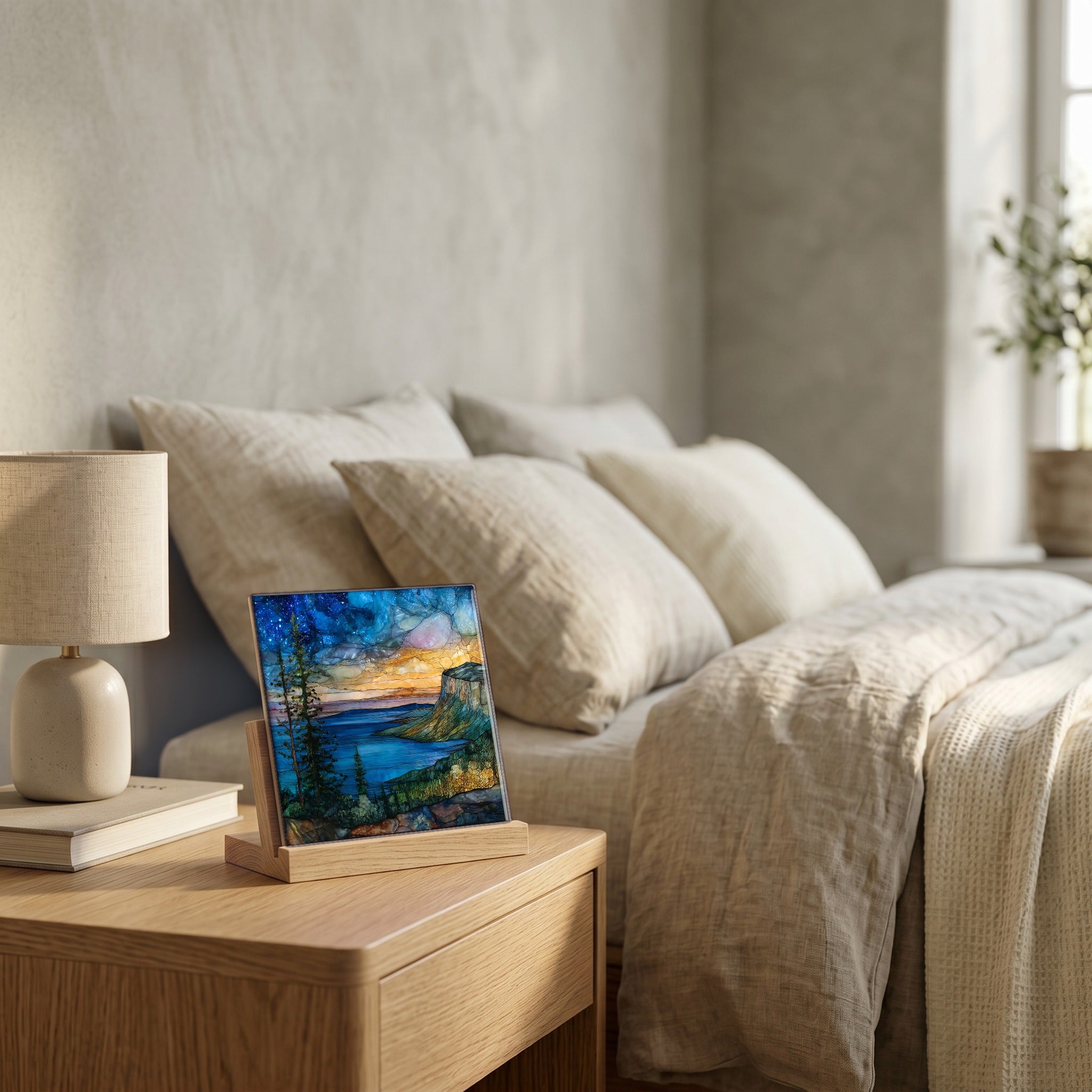 On the nightstand, catching the morning.