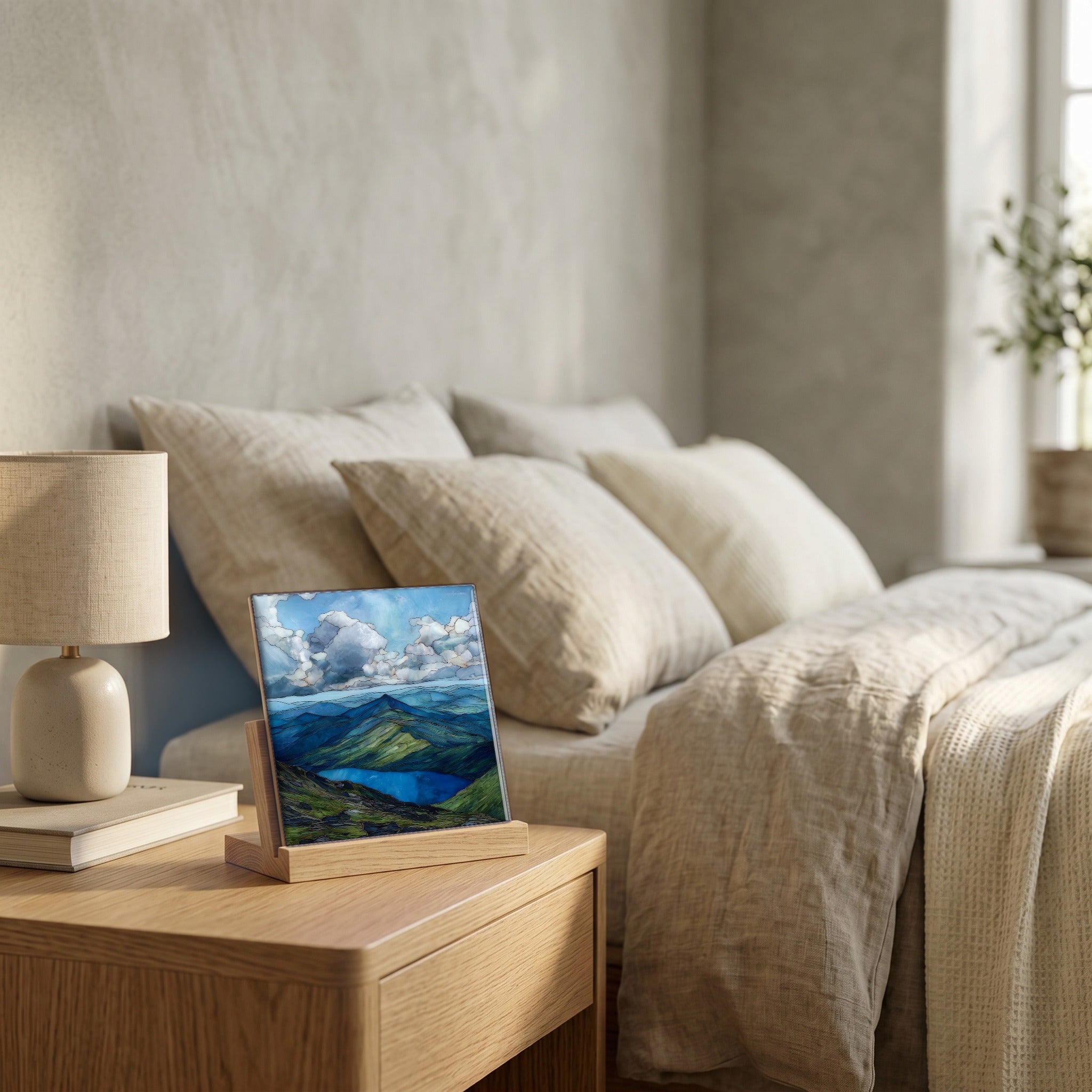 On the nightstand, catching the morning.
