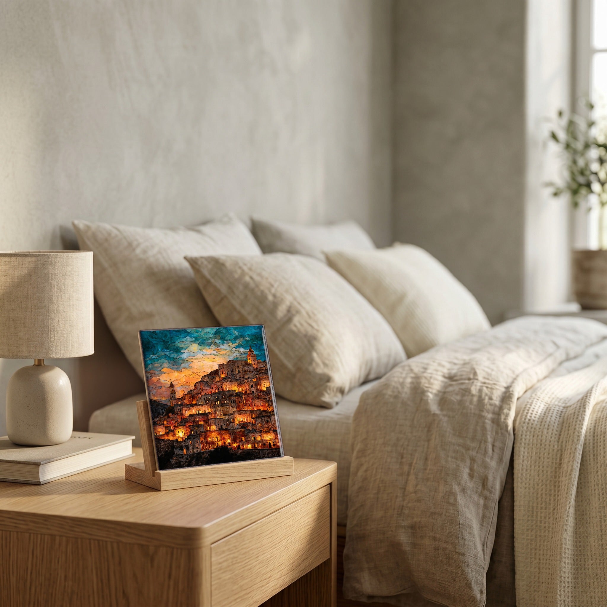 On the nightstand, on a light oak stand.