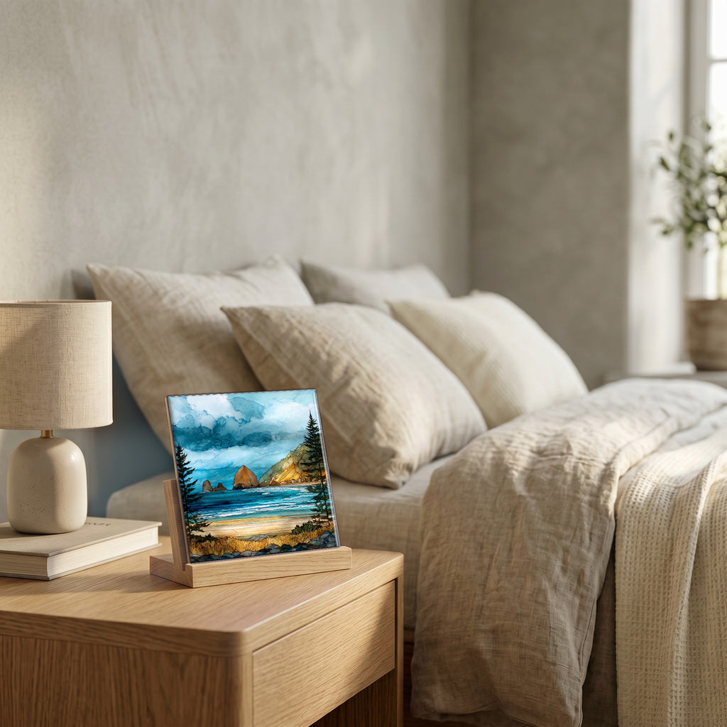On the nightstand, catching the morning.