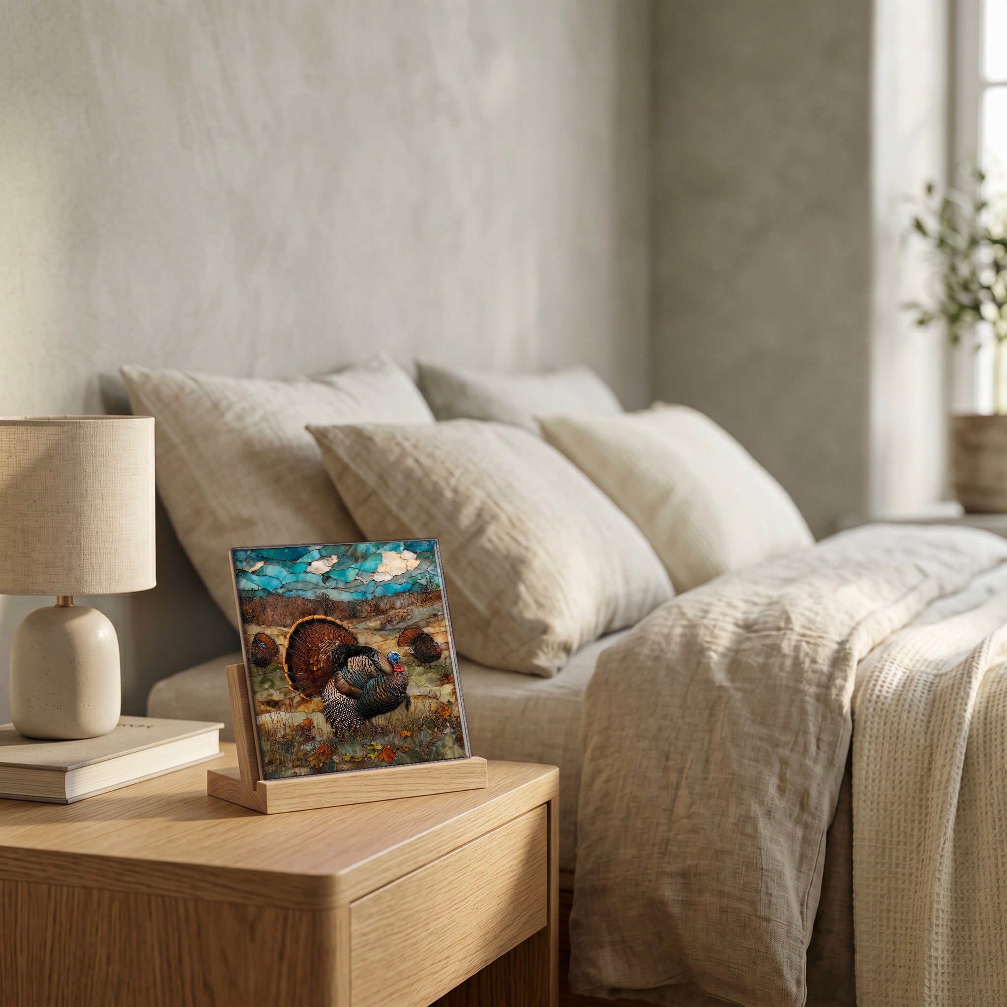 On the nightstand, catching the morning.