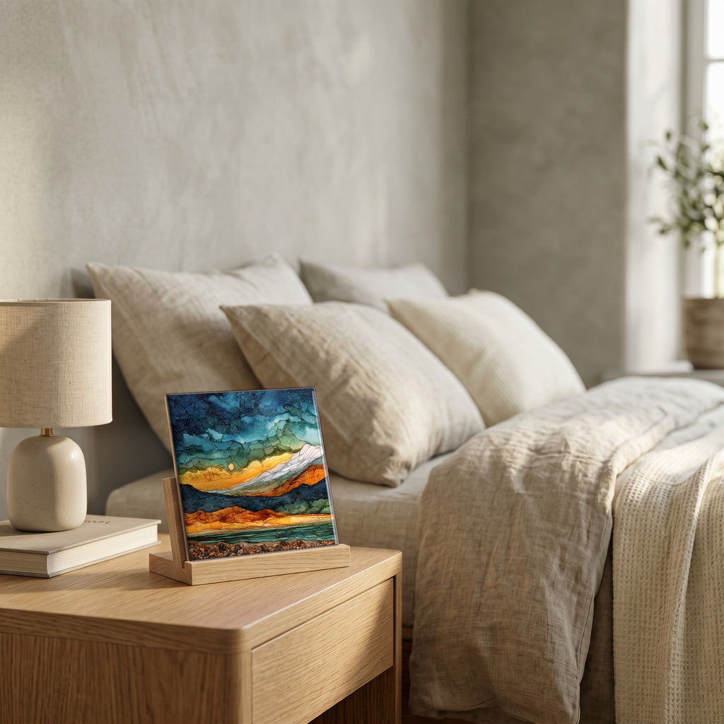 On the nightstand, catching the morning.