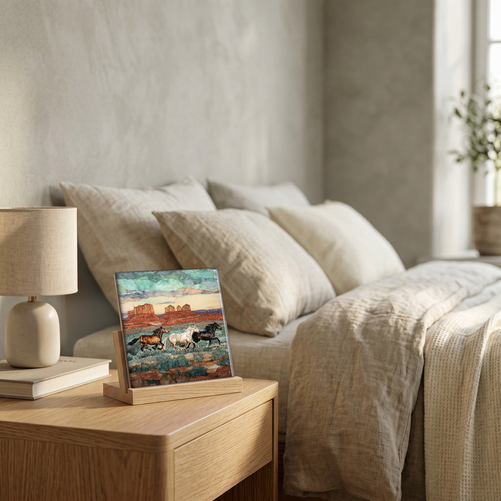 On the nightstand, catching the morning.
