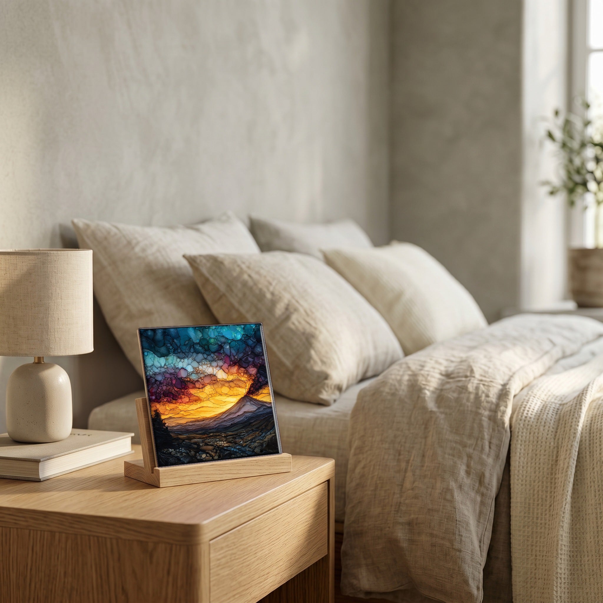 On the nightstand, on a light oak stand.