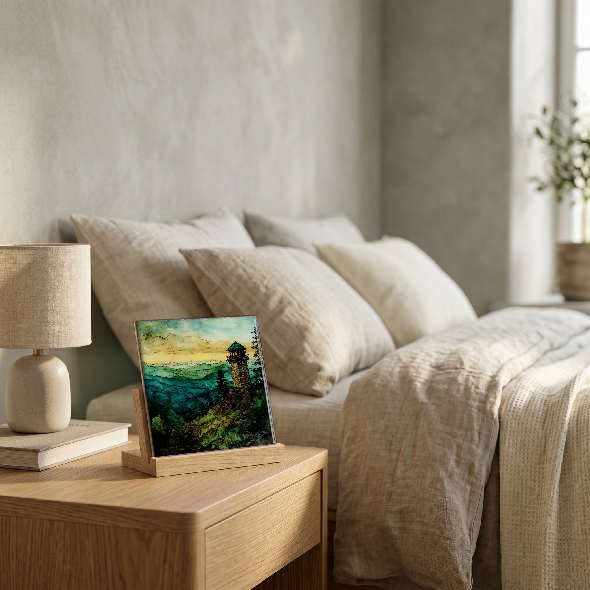 On the nightstand, catching the morning.